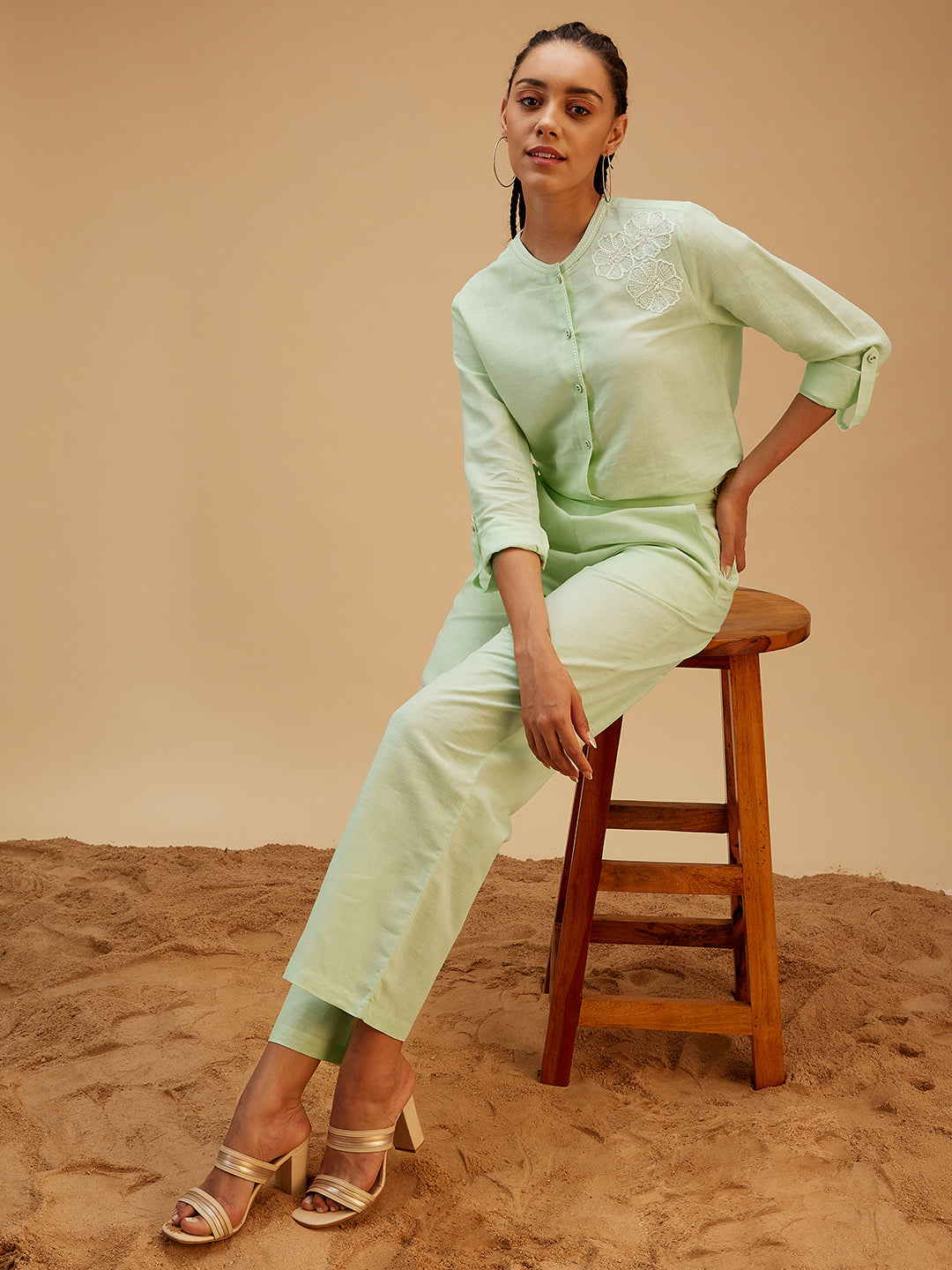Solid Green Regular Fit Co-ord Set at Kamakhyaa by Bohobi. This item is 100% Linen, Green, Office Wear, Office Wear Co-ords, Regular Fit, Solids, Toxin free