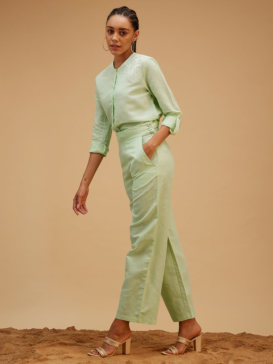 Solid Green Regular Fit Co-ord Set at Kamakhyaa by Bohobi. This item is 100% Linen, Green, Office Wear, Office Wear Co-ords, Regular Fit, Solids, Toxin free