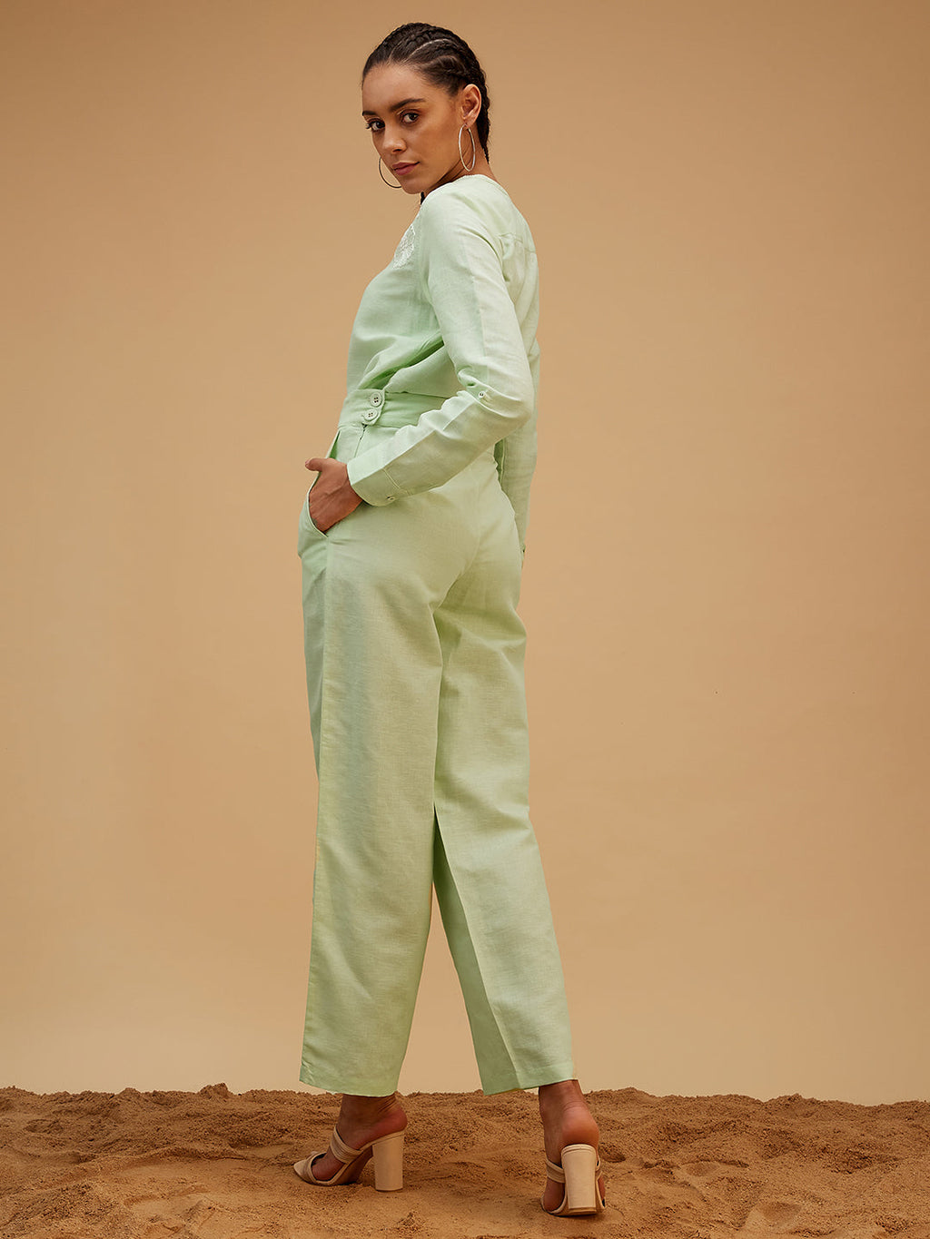 Solid Green Regular Fit Co-ord Set at Kamakhyaa by Bohobi. This item is 100% Linen, Green, Office Wear, Office Wear Co-ords, Regular Fit, Solids, Toxin free