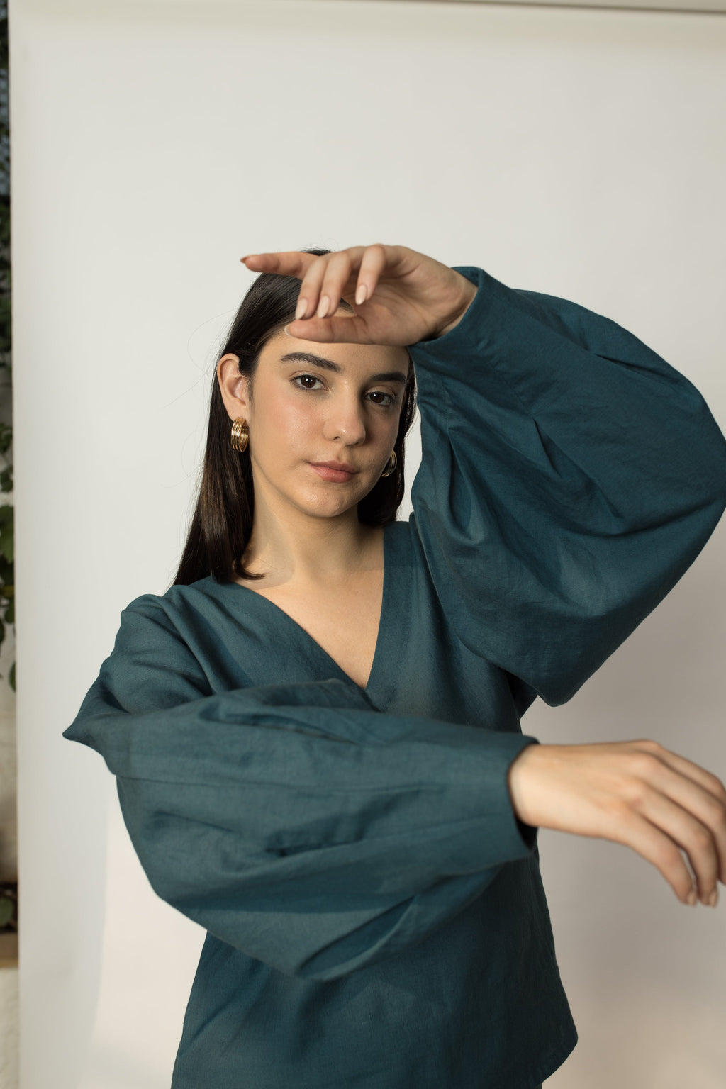 Solid Green Top with Dramatic Sleeves at kamakhyaa.com by Anushé Pirani. This item is Cotton Hemp, Green, Nostalgic Whispers by Anushe Pirani, Review September 2025, Tops, Womenswear