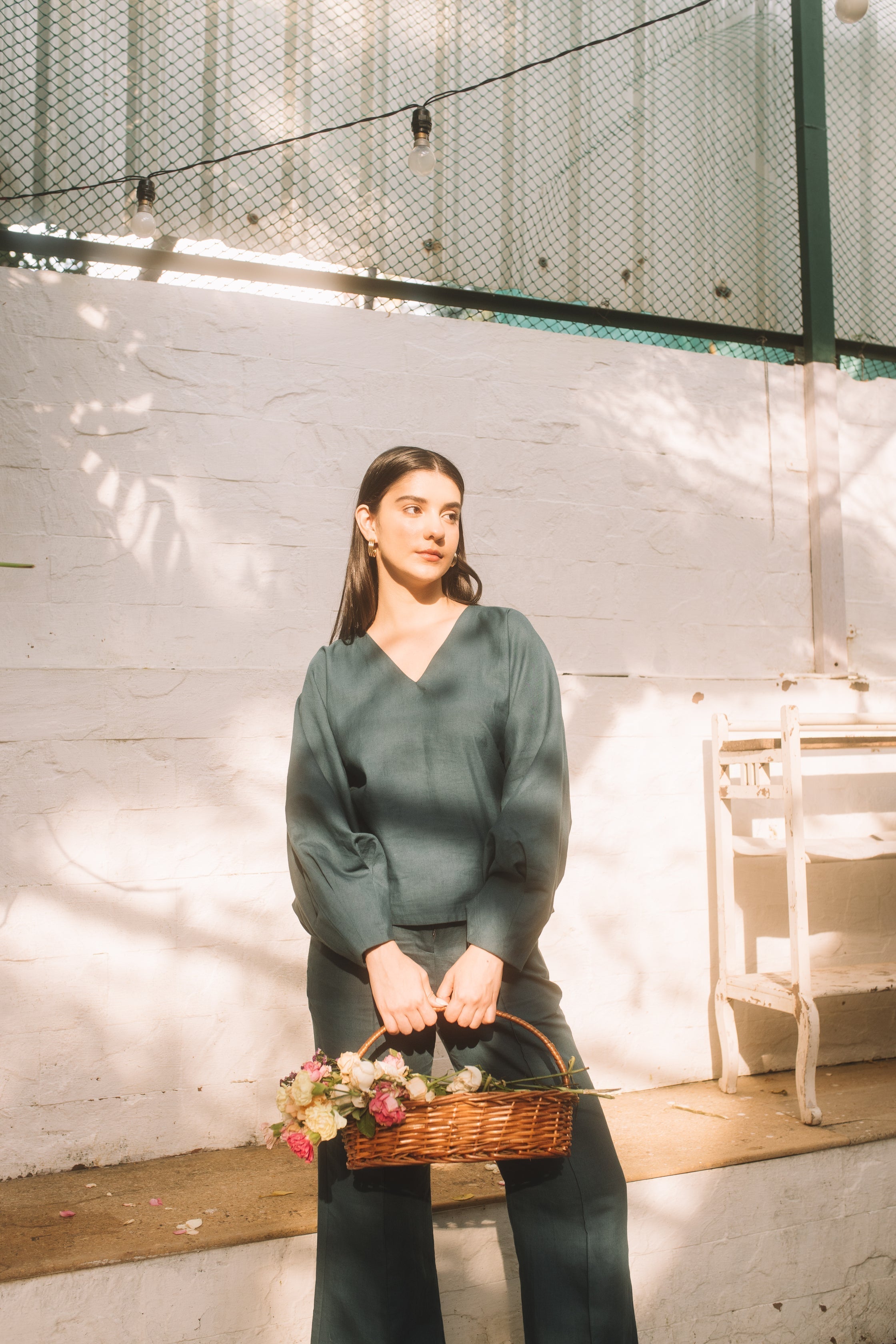 Solid Green Top with Dramatic Sleeves at kamakhyaa.com by Anushé Pirani. This item is Cotton Hemp, Green, Nostalgic Whispers by Anushe Pirani, Review September 2025, Tops, Womenswear