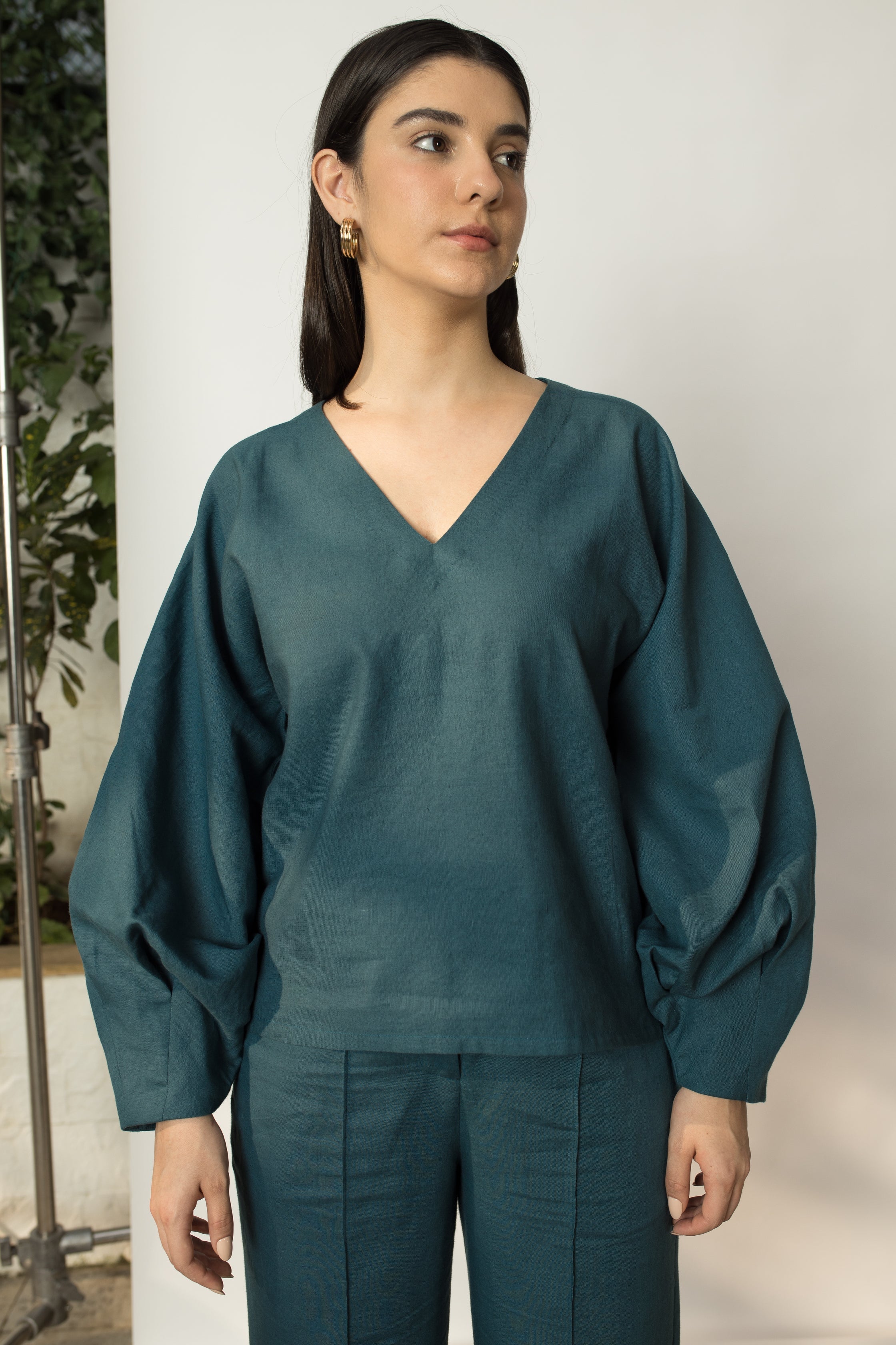 Solid Green Top with Dramatic Sleeves at kamakhyaa.com by Anushé Pirani. This item is Cotton Hemp, Green, Nostalgic Whispers by Anushe Pirani, Review September 2025, Tops, Womenswear