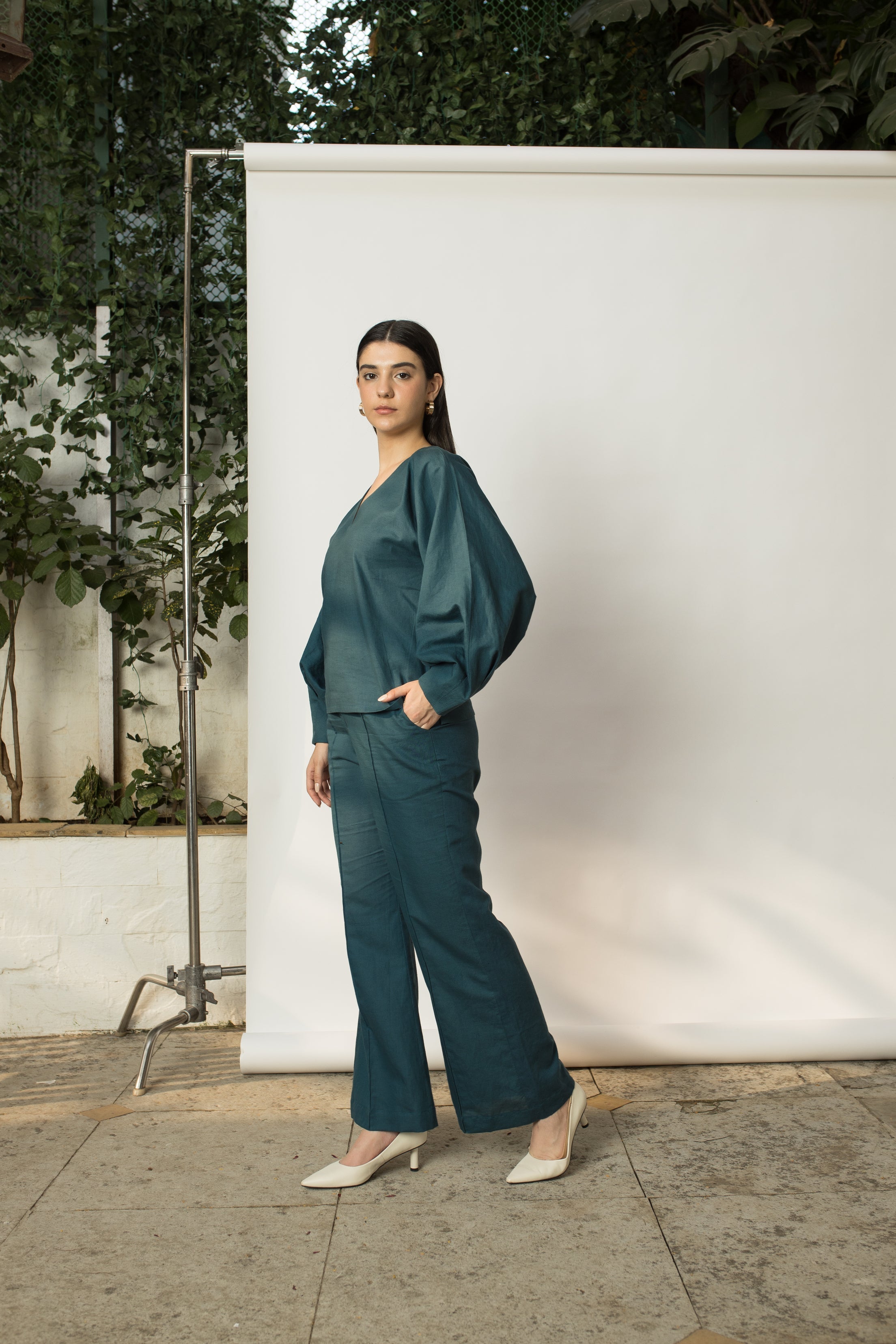 Solid Green Top with Dramatic Sleeves at kamakhyaa.com by Anushé Pirani. This item is Cotton Hemp, Green, Nostalgic Whispers by Anushe Pirani, Review September 2025, Tops, Womenswear