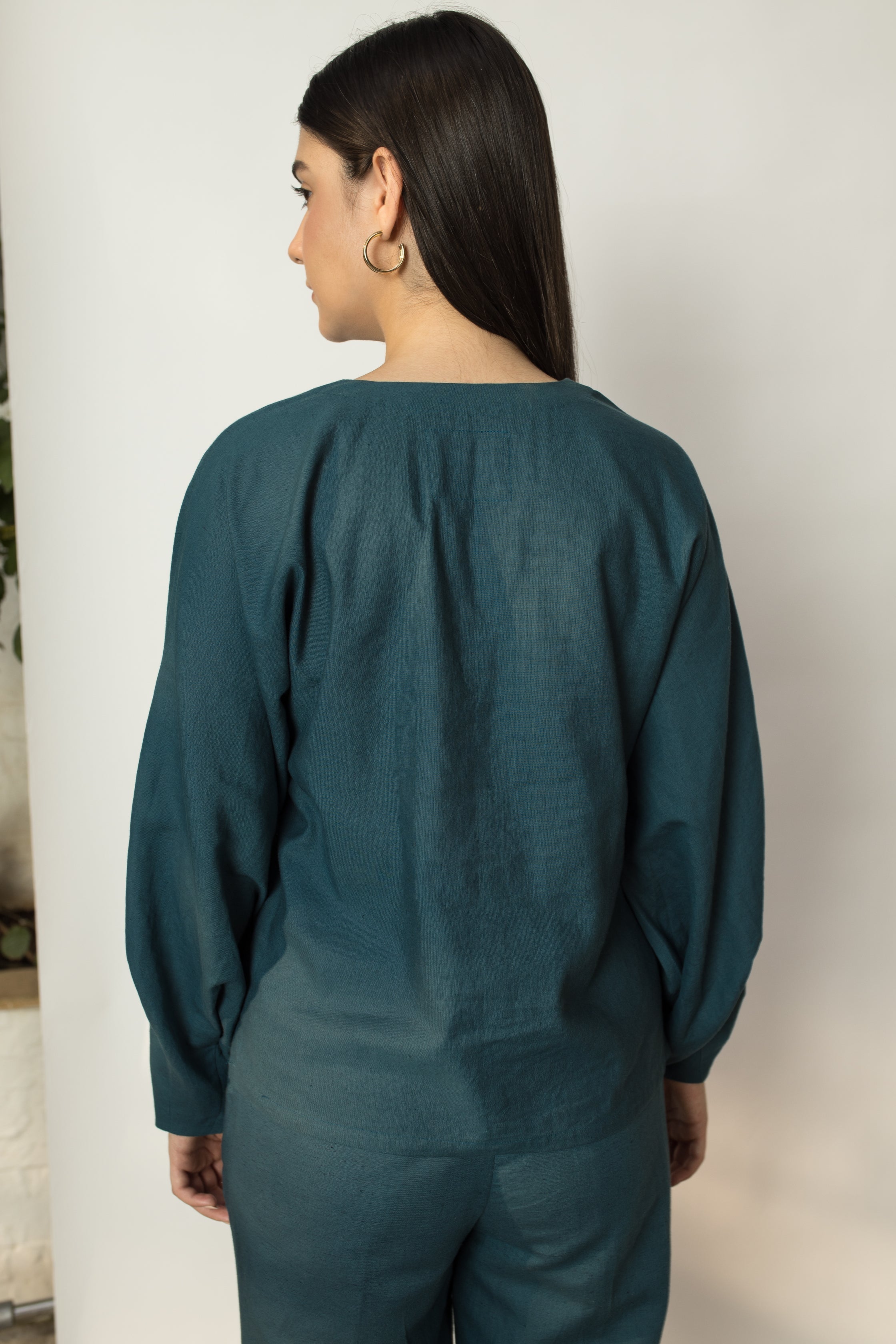 Solid Green Top with Dramatic Sleeves at kamakhyaa.com by Anushé Pirani. This item is Cotton Hemp, Green, Nostalgic Whispers by Anushe Pirani, Review September 2025, Tops, Womenswear