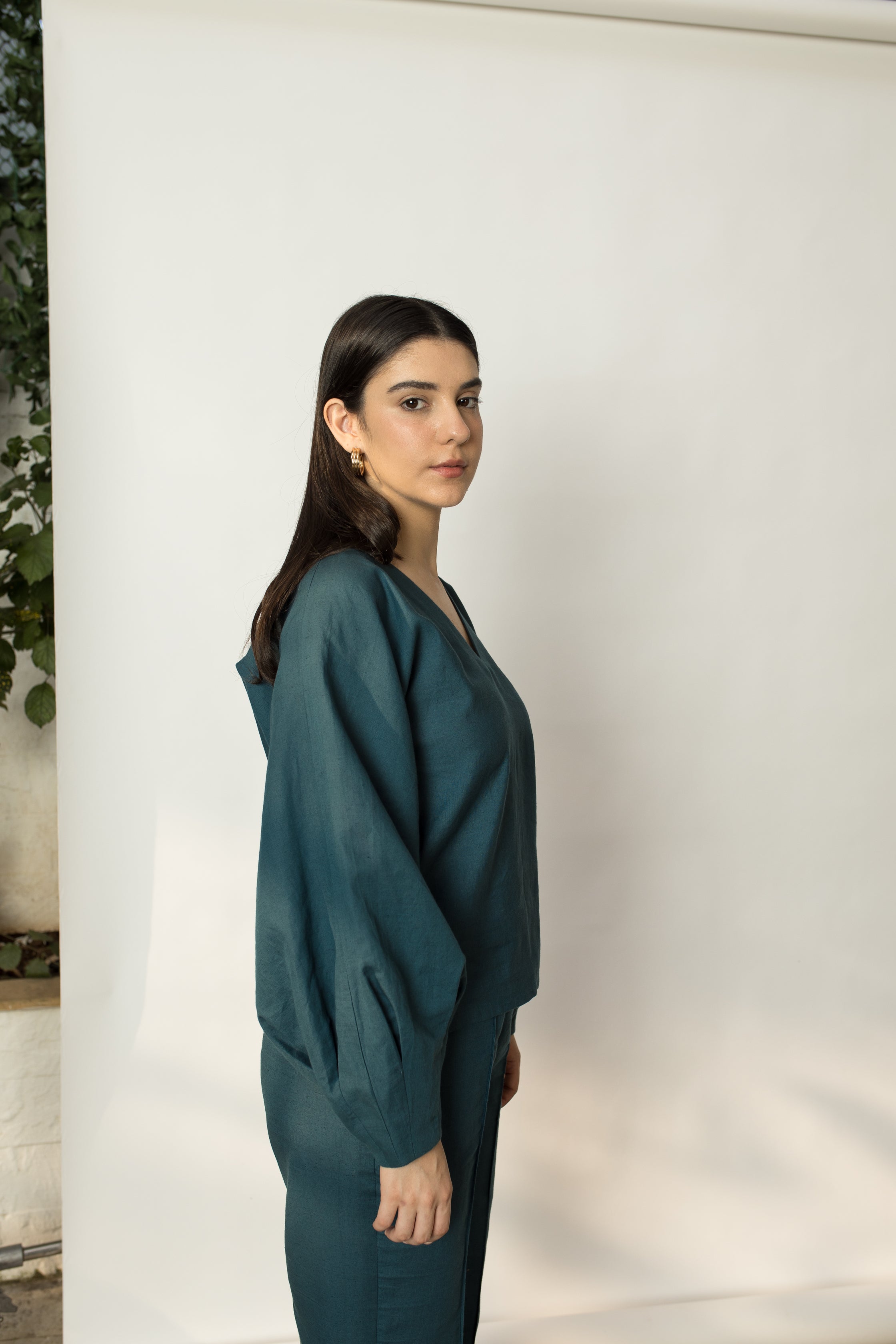 Solid Green Top with Dramatic Sleeves at kamakhyaa.com by Anushé Pirani. This item is Cotton Hemp, Green, Nostalgic Whispers by Anushe Pirani, Review September 2025, Tops, Womenswear