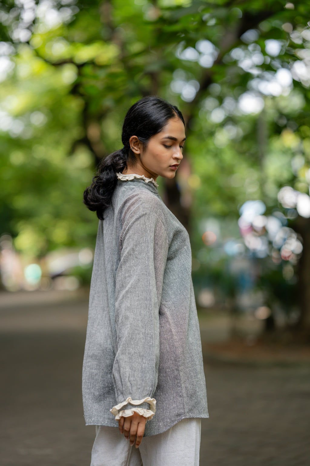 Solid Grey Cotton Shirt with Patch Pocket at Kamakhyaa by Krushnachuda. This item is Casual Wear, Grey, Handloom Cotton, Natural Dye, Organic, Regular Fit, Shirts, Solids