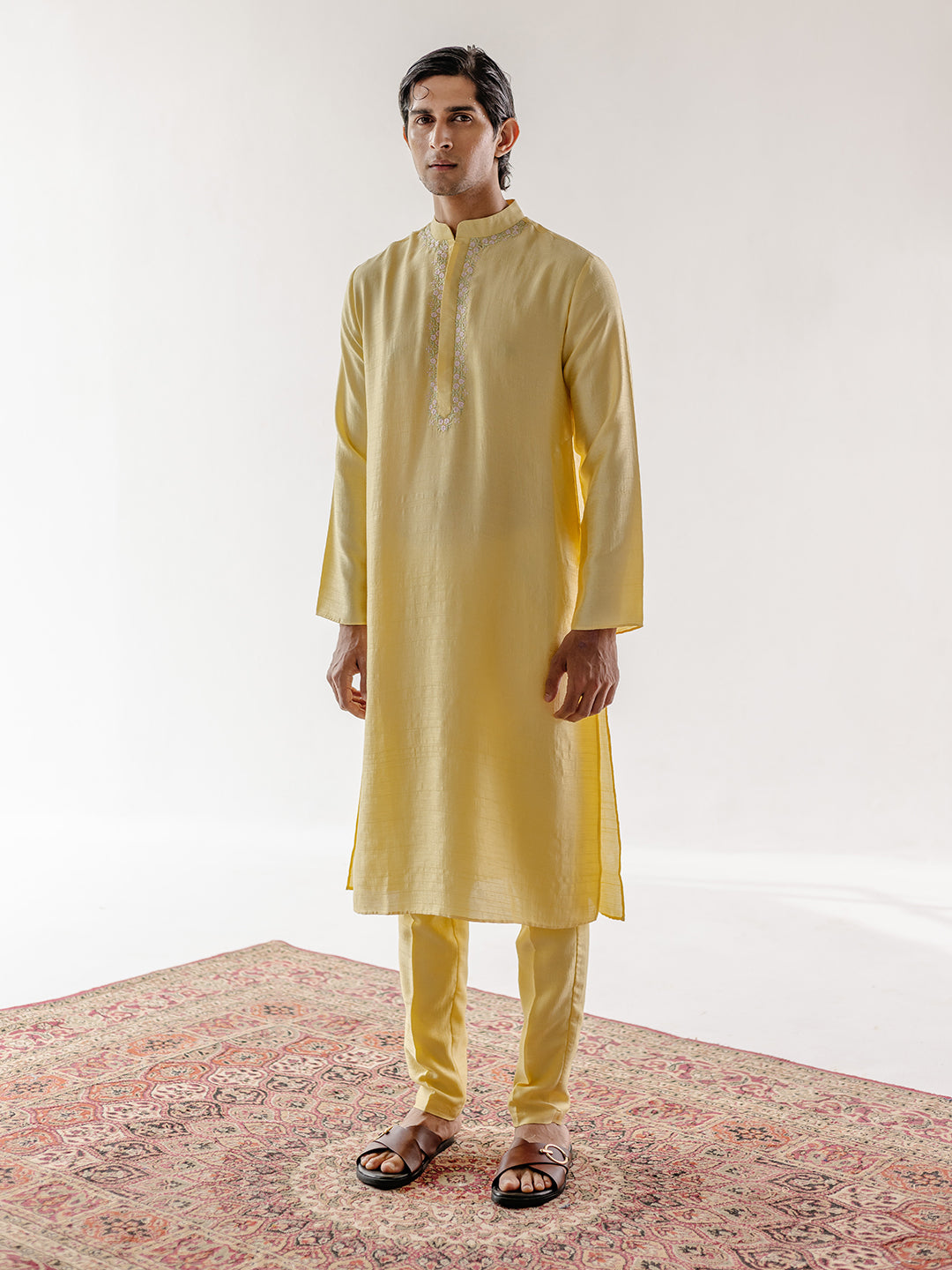 Solid Yellow Cotton Kurta Set at Kamakhyaa by RoohbyRidhimaa. This item is 100% pure cotton, Festive Wear, Kurta Pant Sets, Men Kurta Pant Sets, Menswear By RoohbyRidhimaa, Qala By RoohbyRidhimaa, Regular Fit, Solids, Viscose Raw Silk, Yellow