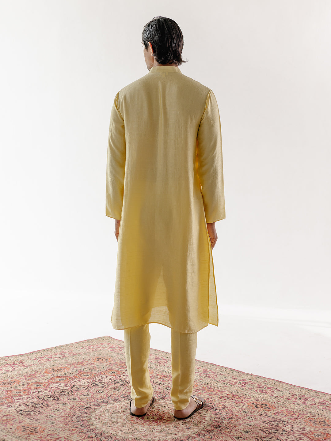 Solid Yellow Cotton Kurta Set at Kamakhyaa by RoohbyRidhimaa. This item is 100% pure cotton, Festive Wear, Kurta Pant Sets, Men Kurta Pant Sets, Menswear By RoohbyRidhimaa, Qala By RoohbyRidhimaa, Regular Fit, Solids, Viscose Raw Silk, Yellow