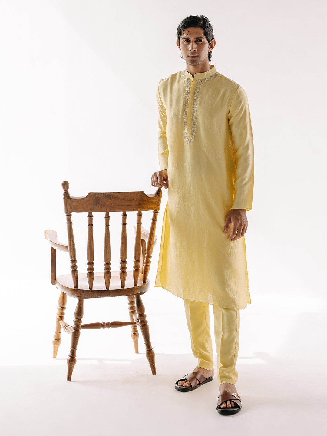 Solid Yellow Cotton Kurta Set at Kamakhyaa by RoohbyRidhimaa. This item is 100% pure cotton, Festive Wear, Kurta Pant Sets, Men Kurta Pant Sets, Menswear By RoohbyRidhimaa, Qala By RoohbyRidhimaa, Regular Fit, Solids, Viscose Raw Silk, Yellow