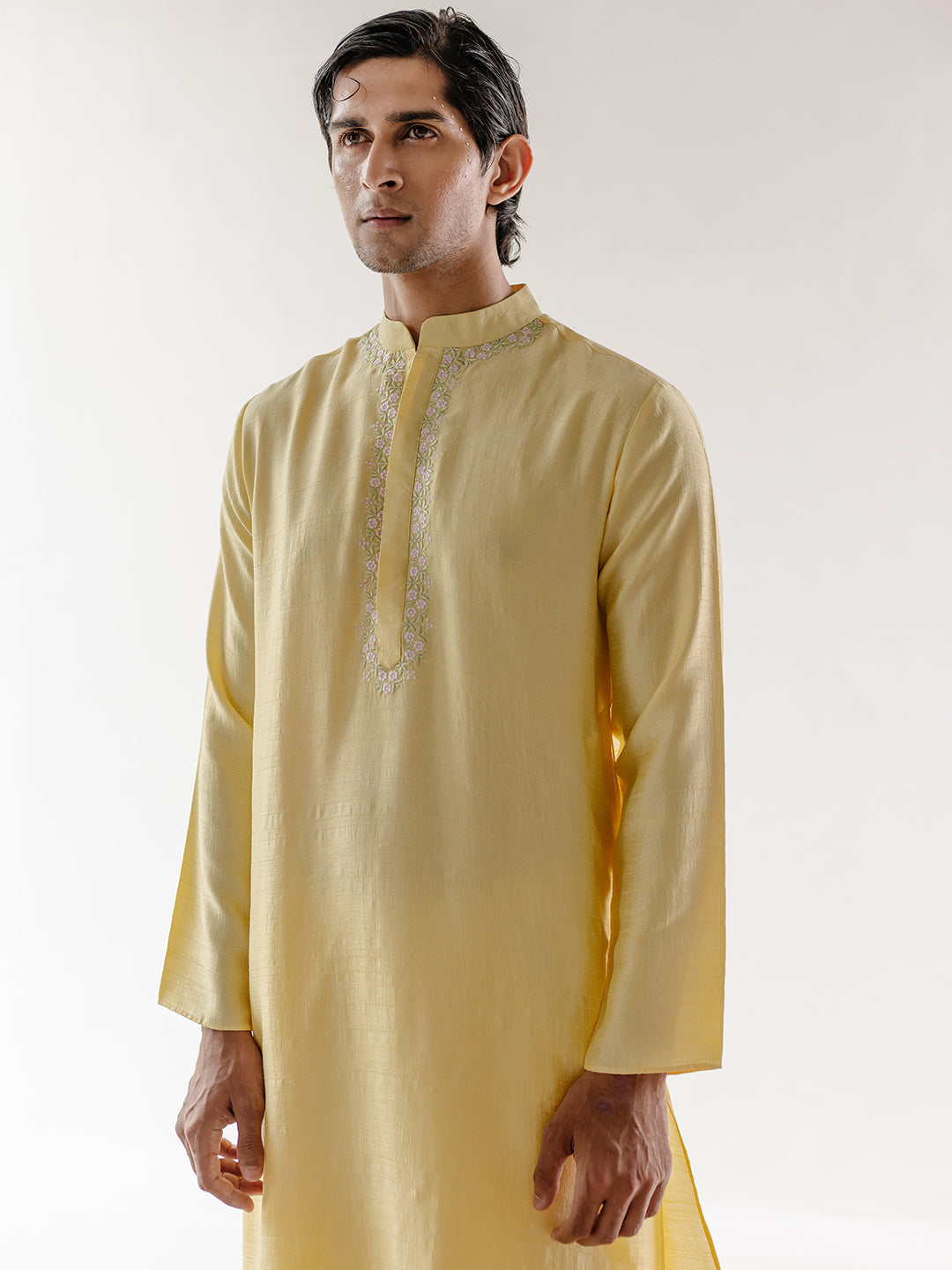 Solid Yellow Cotton Kurta Set at Kamakhyaa by RoohbyRidhimaa. This item is 100% pure cotton, Festive Wear, Kurta Pant Sets, Men Kurta Pant Sets, Menswear By RoohbyRidhimaa, Qala By RoohbyRidhimaa, Regular Fit, Solids, Viscose Raw Silk, Yellow