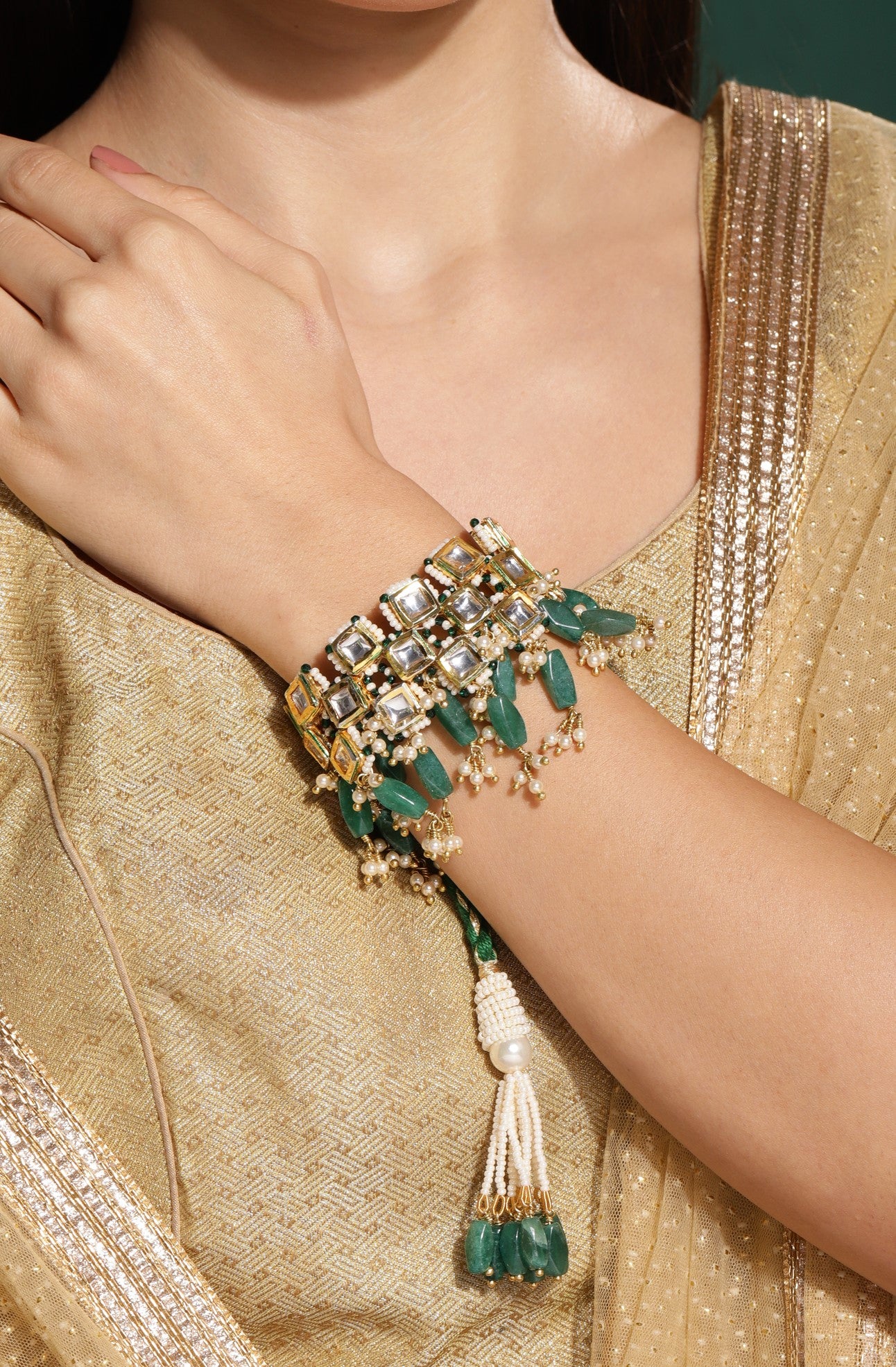 Square Polki Pochi Bracelet at Kamakhyaa by House Of Heer. This item is Alloy Metal, Bracelets, Festive Wear, Free Size, jewelry, Multicolor, Natural, Polkis, rakhis & lumbas, Textured