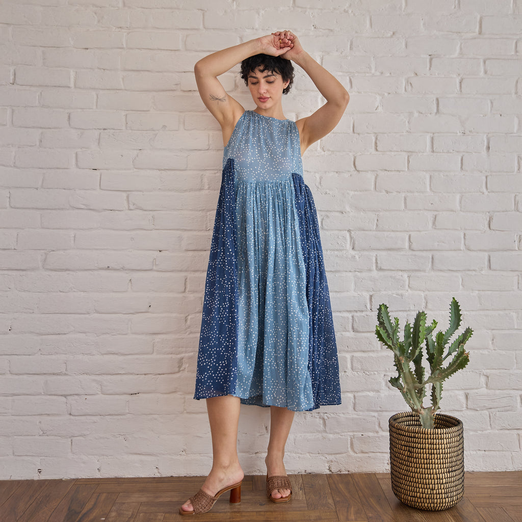 Stormy at Kamakhyaa by Taro. This item is Artisan made, Blue, Cotton Mulmul, Handblock Printed, Sleeveless Dresses, Under $50, Whispers of Summer by Taro