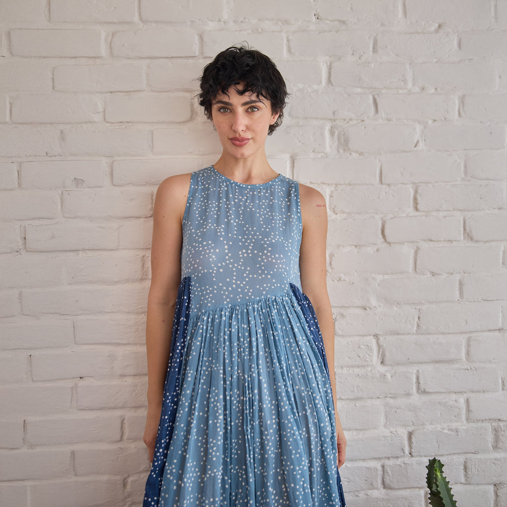 Stormy at Kamakhyaa by Taro. This item is Artisan made, Blue, Cotton Mulmul, Handblock Printed, Sleeveless Dresses, Under $50, Whispers of Summer by Taro