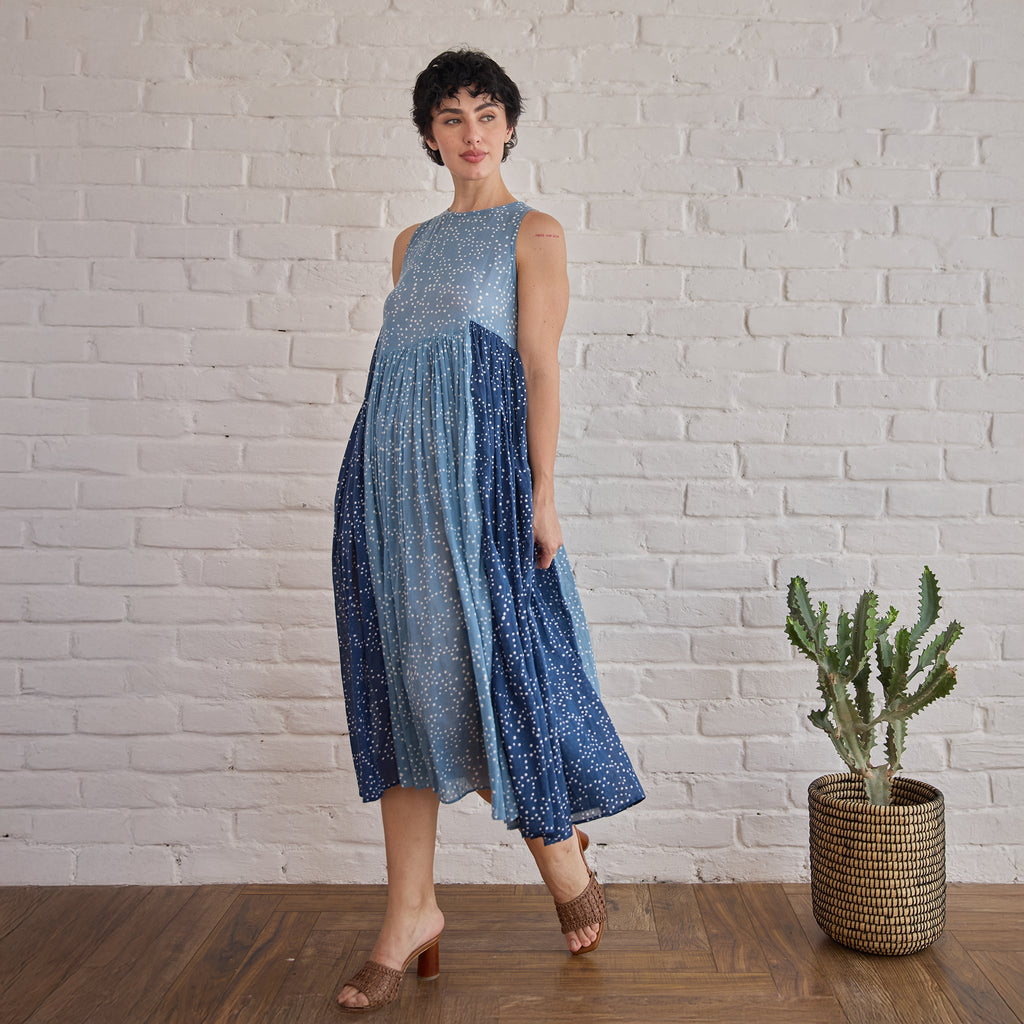 Stormy at Kamakhyaa by Taro. This item is Artisan made, Blue, Cotton Mulmul, Handblock Printed, Sleeveless Dresses, Under $50, Whispers of Summer by Taro