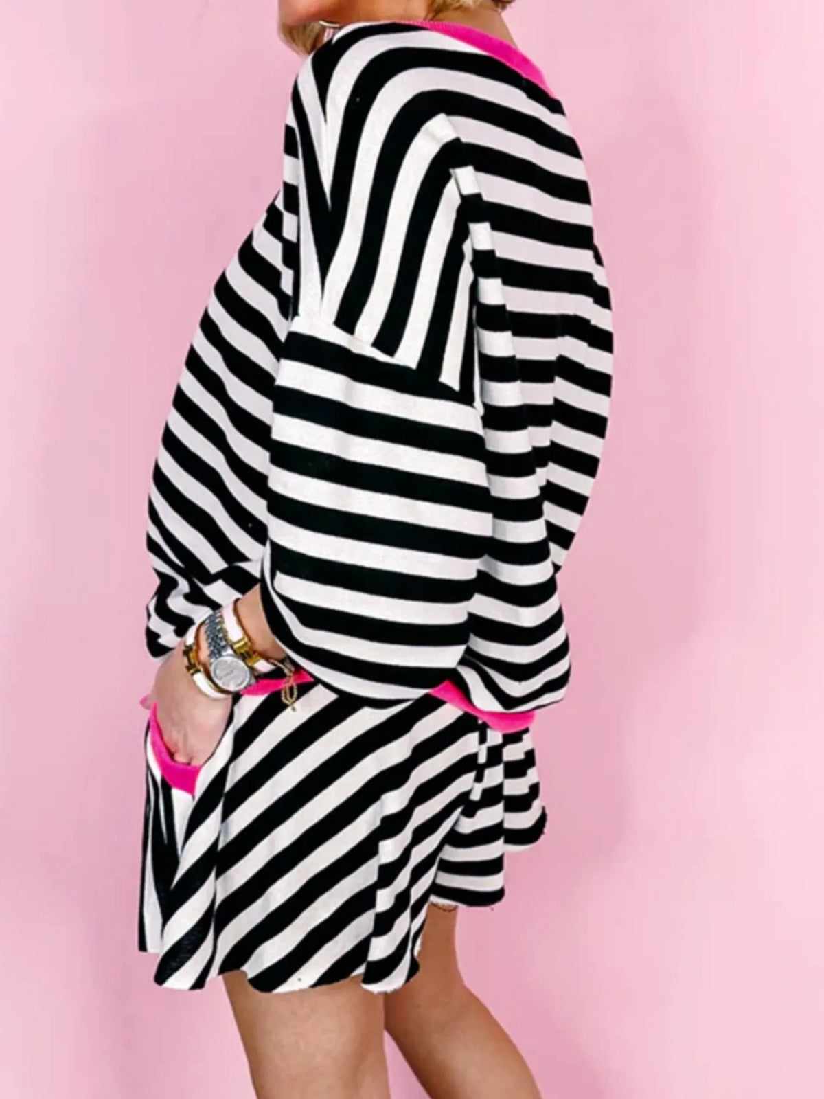 Stripe Contrast Ribbed Banding Long Sleeve Blouse and Loose Shorts Set at kamakhyaa.com by Trendsi. This item is Ship From Overseas, SYNZ, Under $100