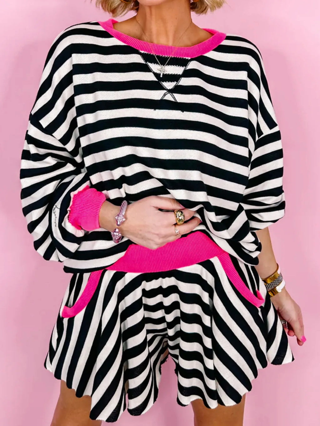 Stripe Contrast Ribbed Banding Long Sleeve Blouse and Loose Shorts Set at kamakhyaa.com by Trendsi. This item is Ship From Overseas, SYNZ, Under $100