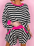 Stripe Contrast Ribbed Banding Long Sleeve Blouse and Loose Shorts Set at kamakhyaa.com by Trendsi. This item is Ship From Overseas, SYNZ, Under $100