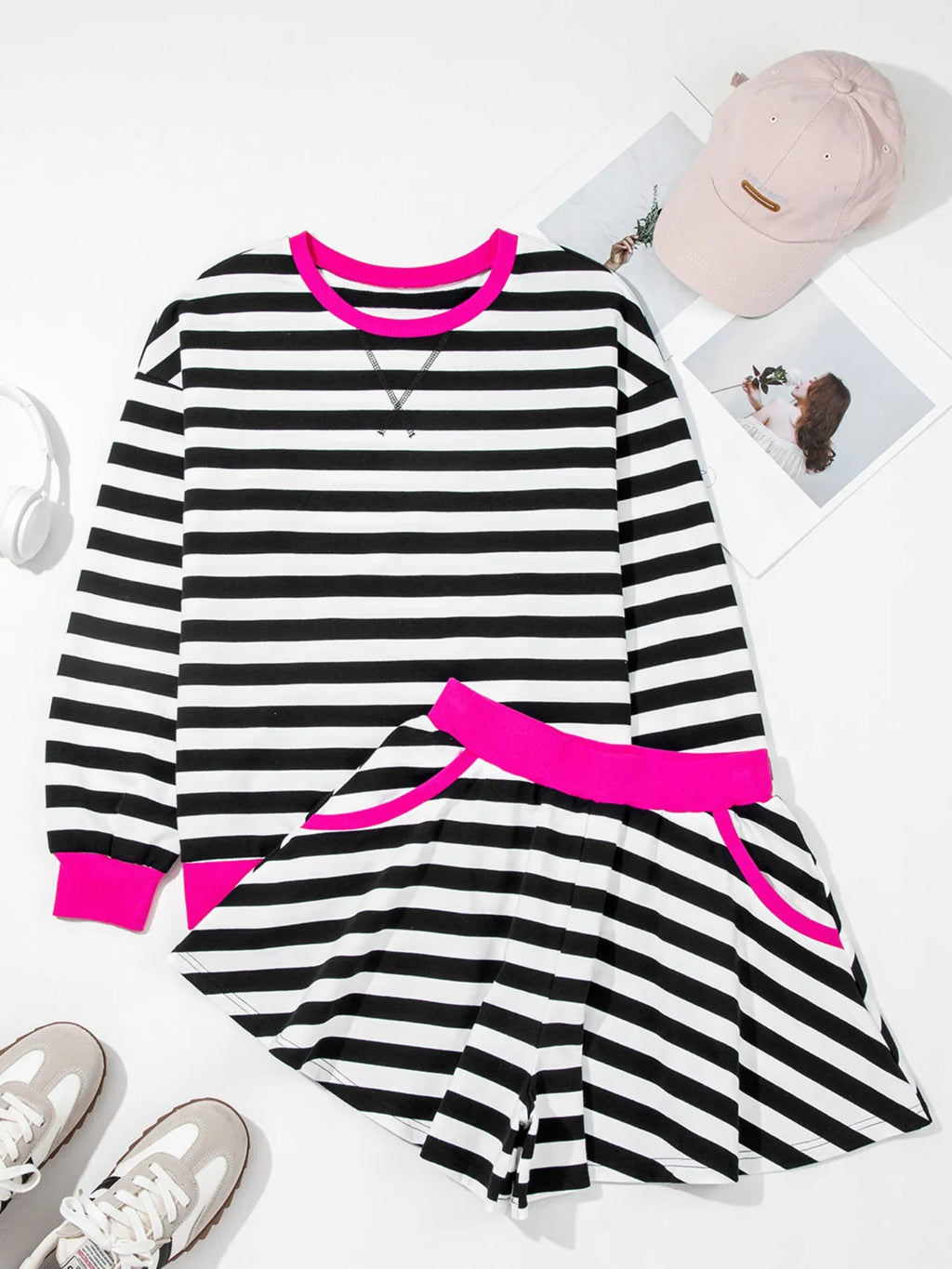 Stripe Contrast Ribbed Banding Long Sleeve Blouse and Loose Shorts Set at kamakhyaa.com by Trendsi. This item is Ship From Overseas, SYNZ, Under $100