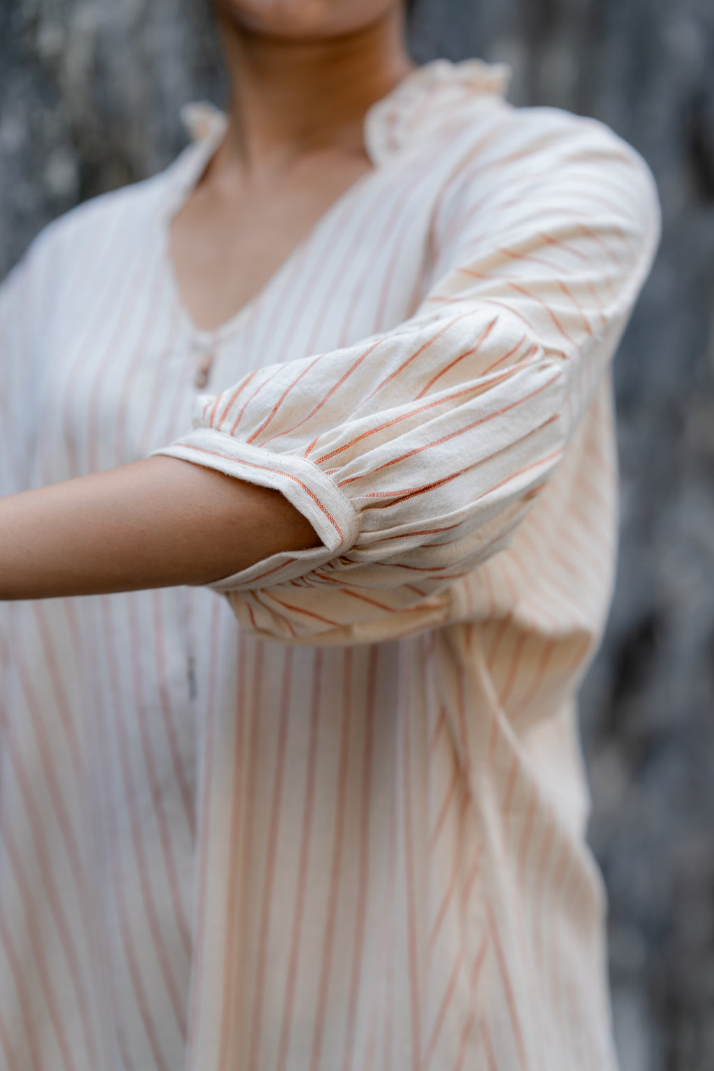 Striped Kaftan Style Free Size Dress at Kamakhyaa by Krushnachuda. This item is Handloom Cotton, Midi Dresses, Natural Dye, Off-White, Organic, Relaxed Fit, Resort Wear, Stripes