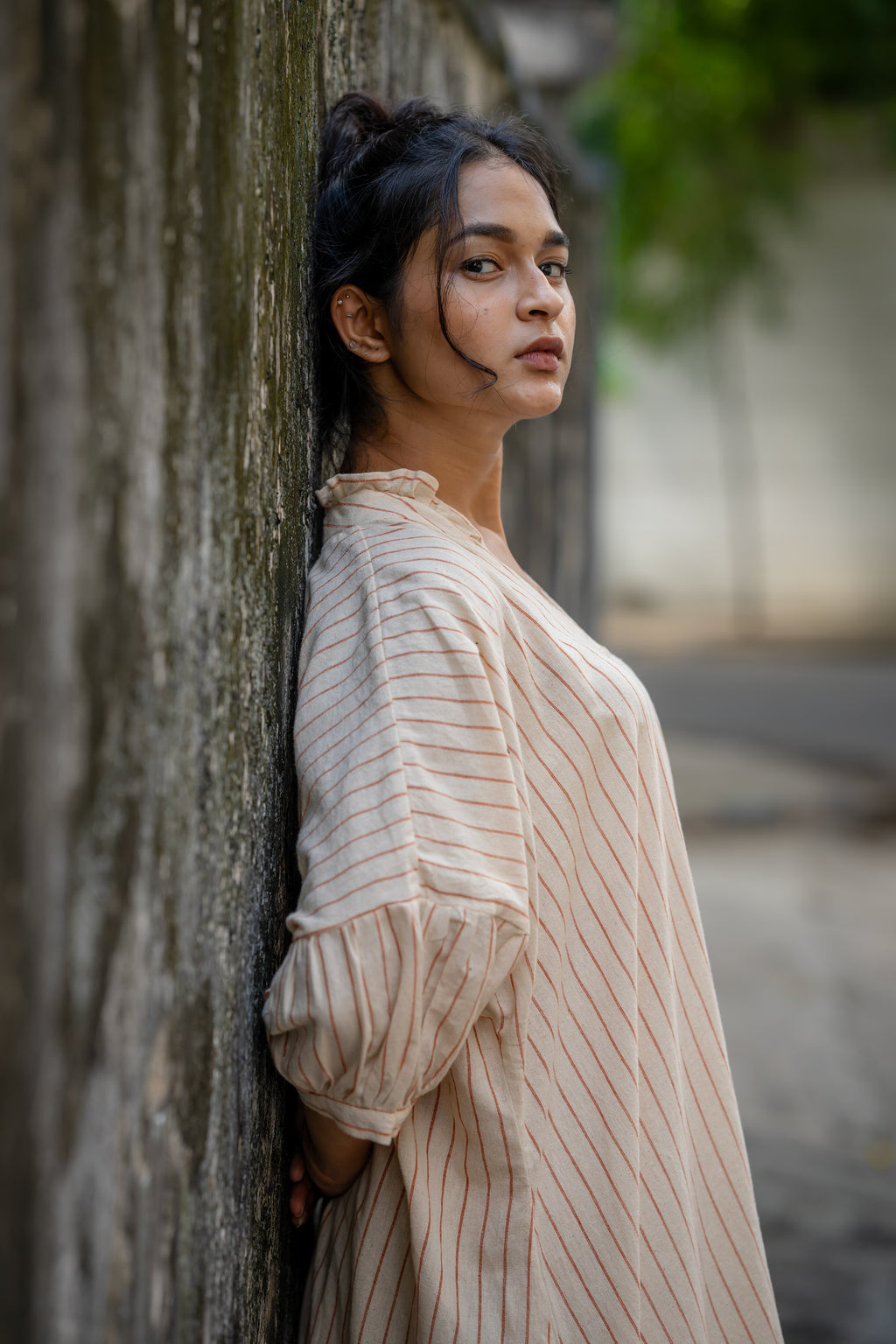 Striped Kaftan Style Free Size Dress at Kamakhyaa by Krushnachuda. This item is Handloom Cotton, Midi Dresses, Natural Dye, Off-White, Organic, Relaxed Fit, Resort Wear, Stripes