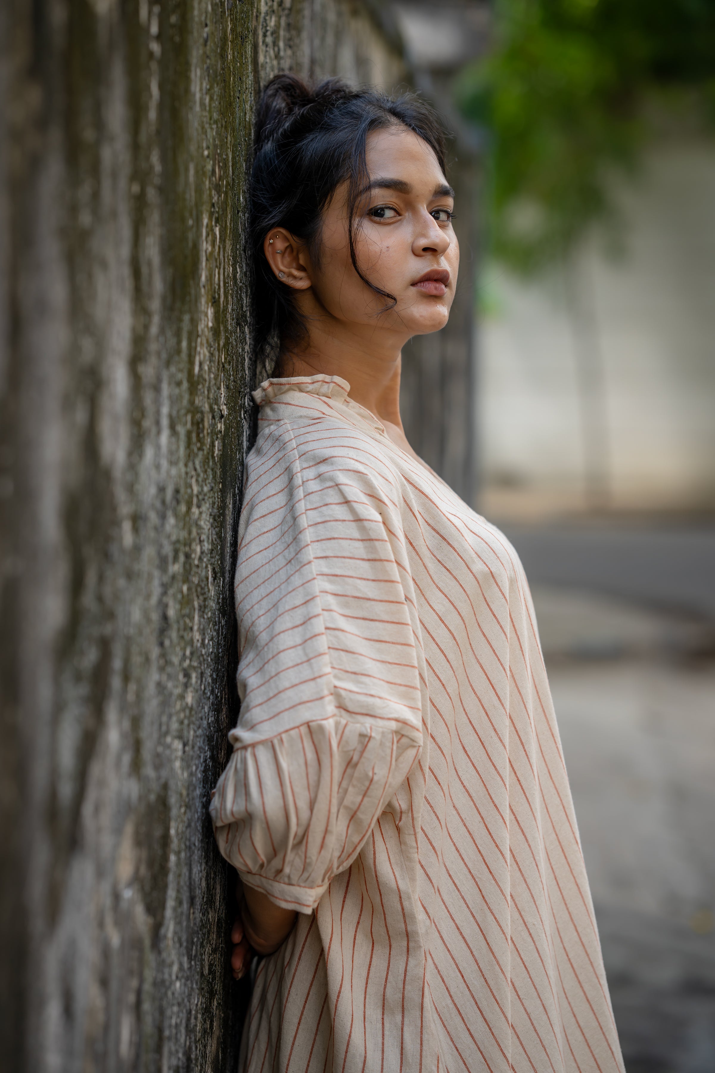 Striped Kaftan Style Free Size Dress at Kamakhyaa by Krushnachuda. This item is Handloom Cotton, Midi Dresses, Natural Dye, Off-White, Organic, Relaxed Fit, Resort Wear, Stripes