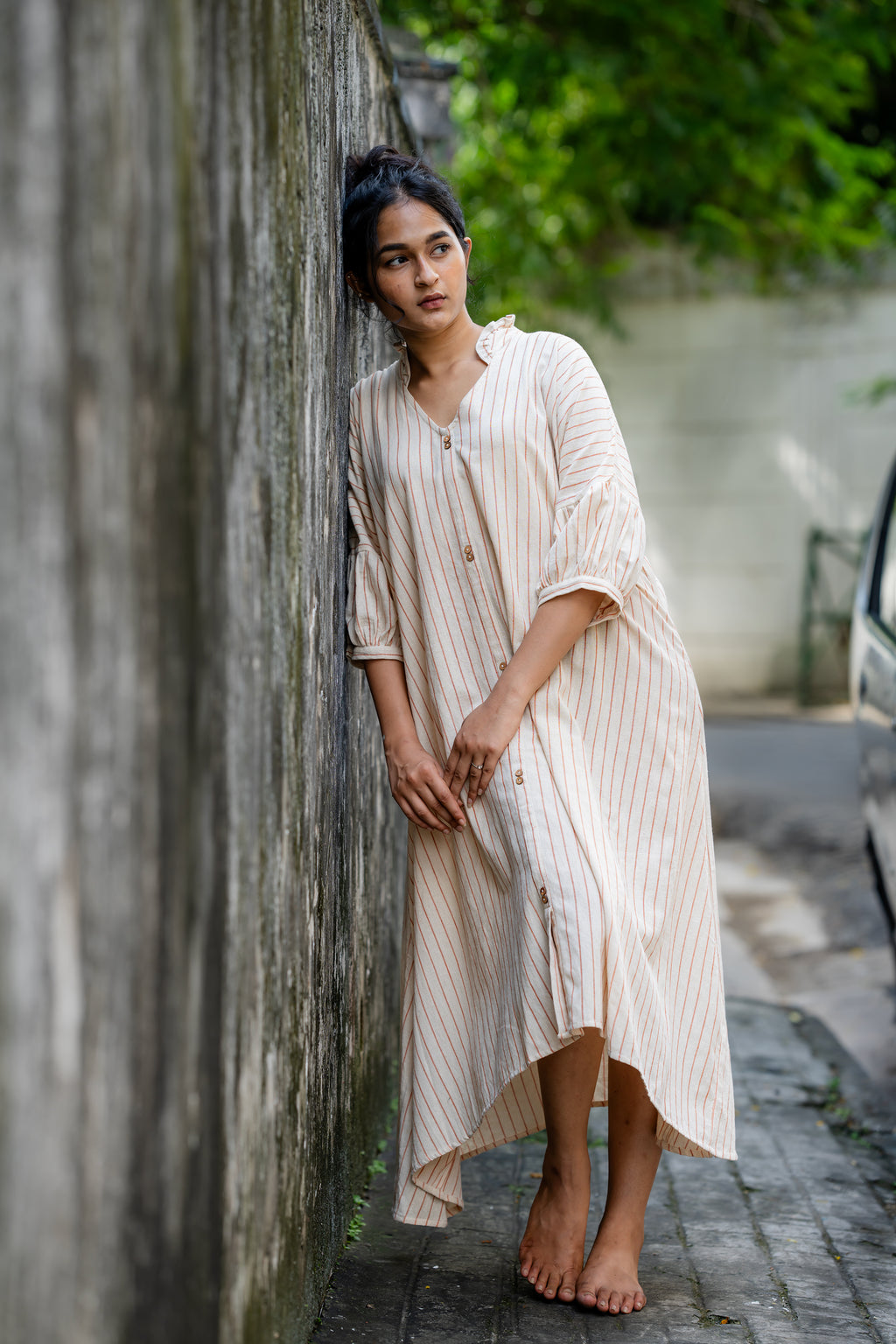 Striped Kaftan Style Free Size Dress at Kamakhyaa by Krushnachuda. This item is Handloom Cotton, Midi Dresses, Natural Dye, Off-White, Organic, Relaxed Fit, Resort Wear, Stripes