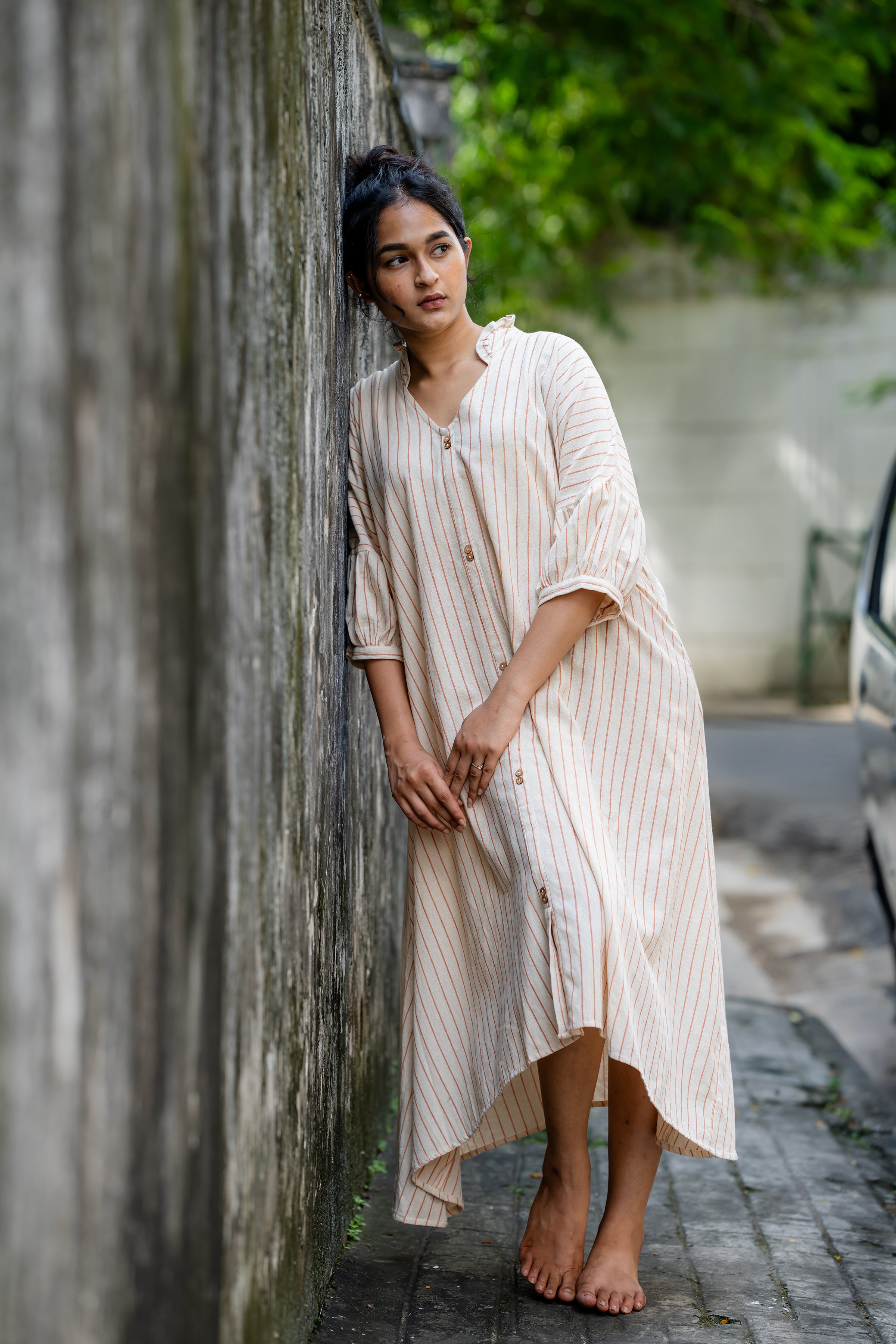 Striped Kaftan Style Free Size Dress at Kamakhyaa by Krushnachuda. This item is Handloom Cotton, Midi Dresses, Natural Dye, Off-White, Organic, Relaxed Fit, Resort Wear, Stripes