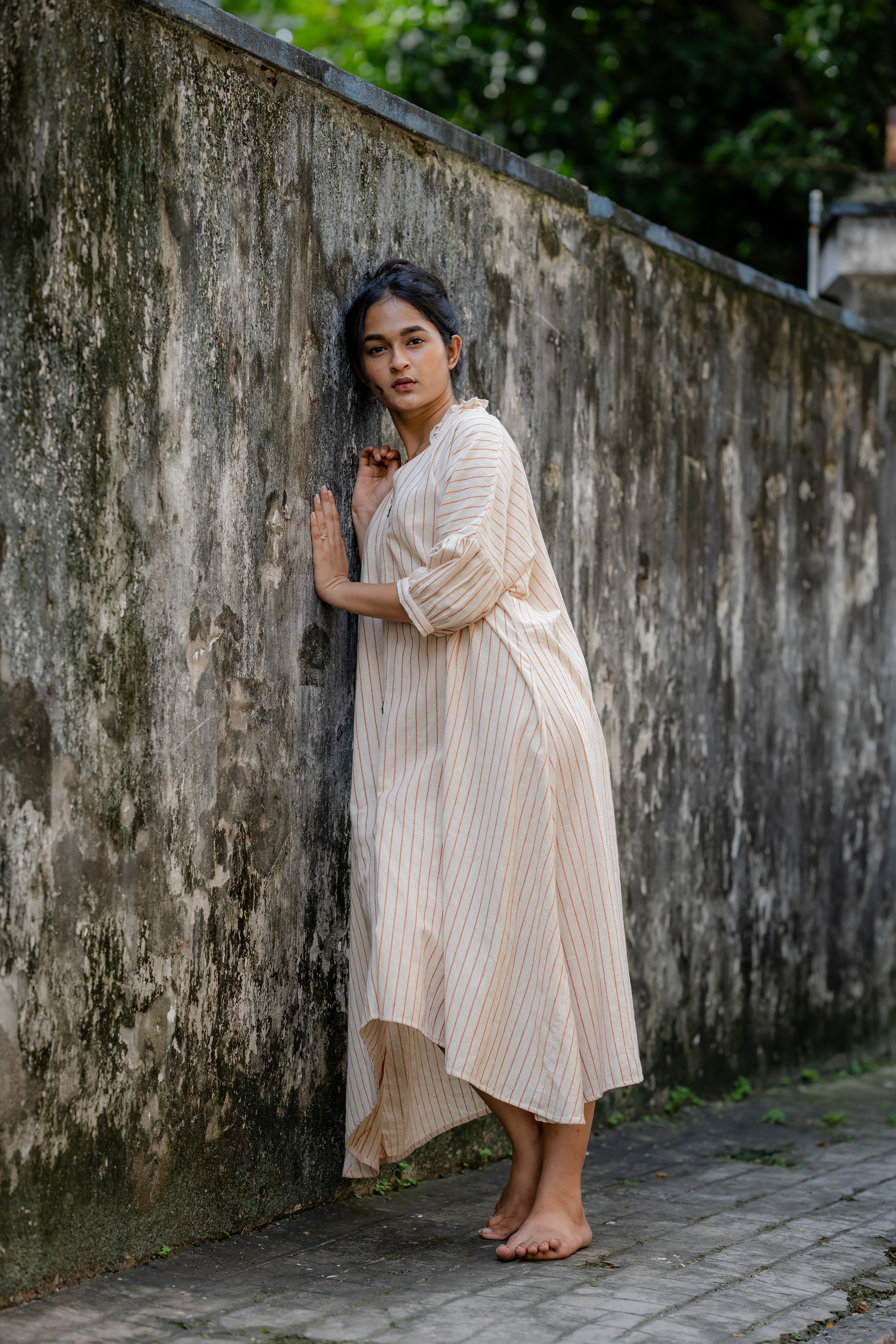 Striped Kaftan Style Free Size Dress at Kamakhyaa by Krushnachuda. This item is Handloom Cotton, Midi Dresses, Natural Dye, Off-White, Organic, Relaxed Fit, Resort Wear, Stripes