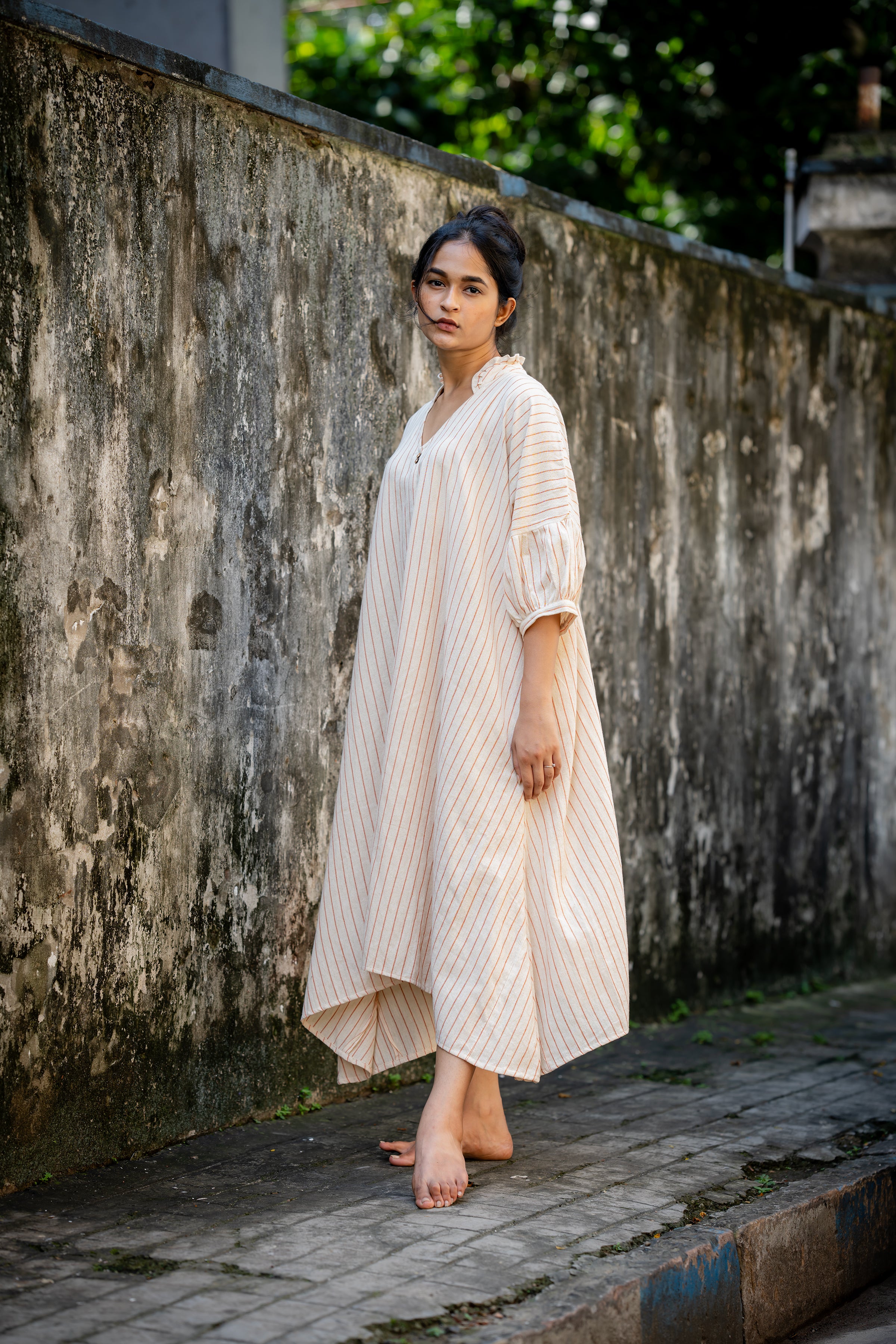 Striped Kaftan Style Free Size Dress at Kamakhyaa by Krushnachuda. This item is Handloom Cotton, Midi Dresses, Natural Dye, Off-White, Organic, Relaxed Fit, Resort Wear, Stripes