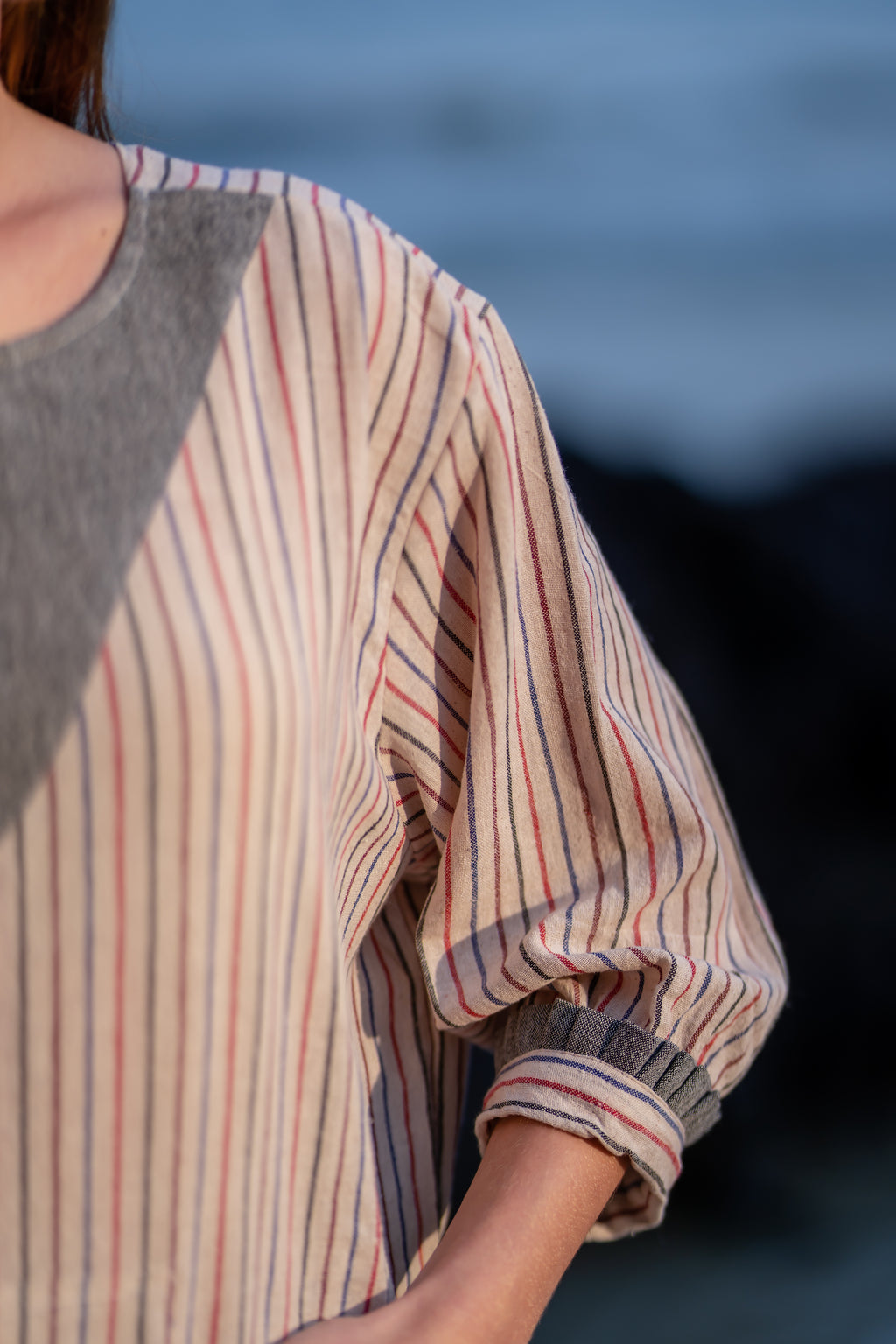 Striped Resort Wear Cotton Dress at Kamakhyaa by Krushnachuda. This item is Handloom Cotton, Midi Dresses, Natural Dye, Off-White, Organic, Relaxed Fit, Resort Wear, Stripes