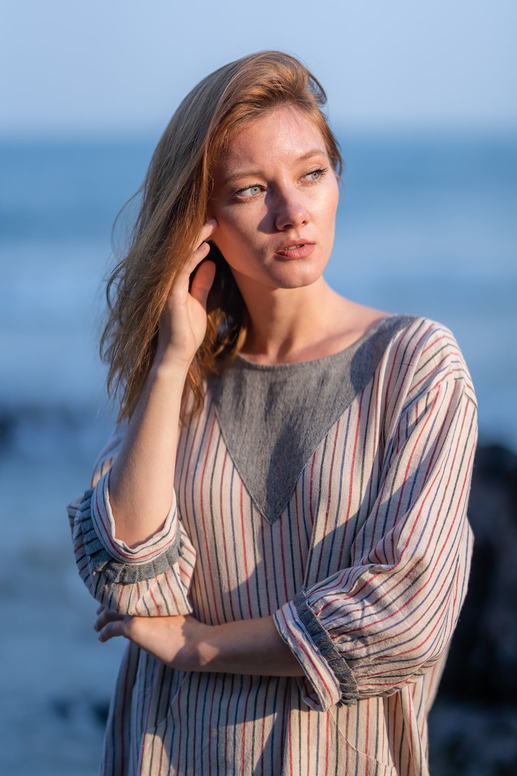 Striped Resort Wear Cotton Dress at Kamakhyaa by Krushnachuda. This item is Handloom Cotton, Midi Dresses, Natural Dye, Off-White, Organic, Relaxed Fit, Resort Wear, Stripes