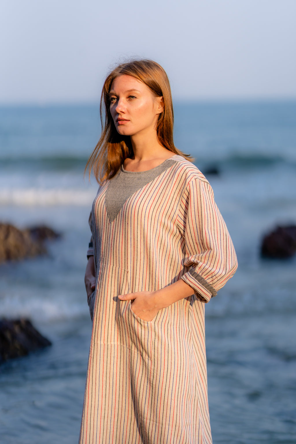 Striped Resort Wear Cotton Dress at Kamakhyaa by Krushnachuda. This item is Handloom Cotton, Midi Dresses, Natural Dye, Off-White, Organic, Relaxed Fit, Resort Wear, Stripes