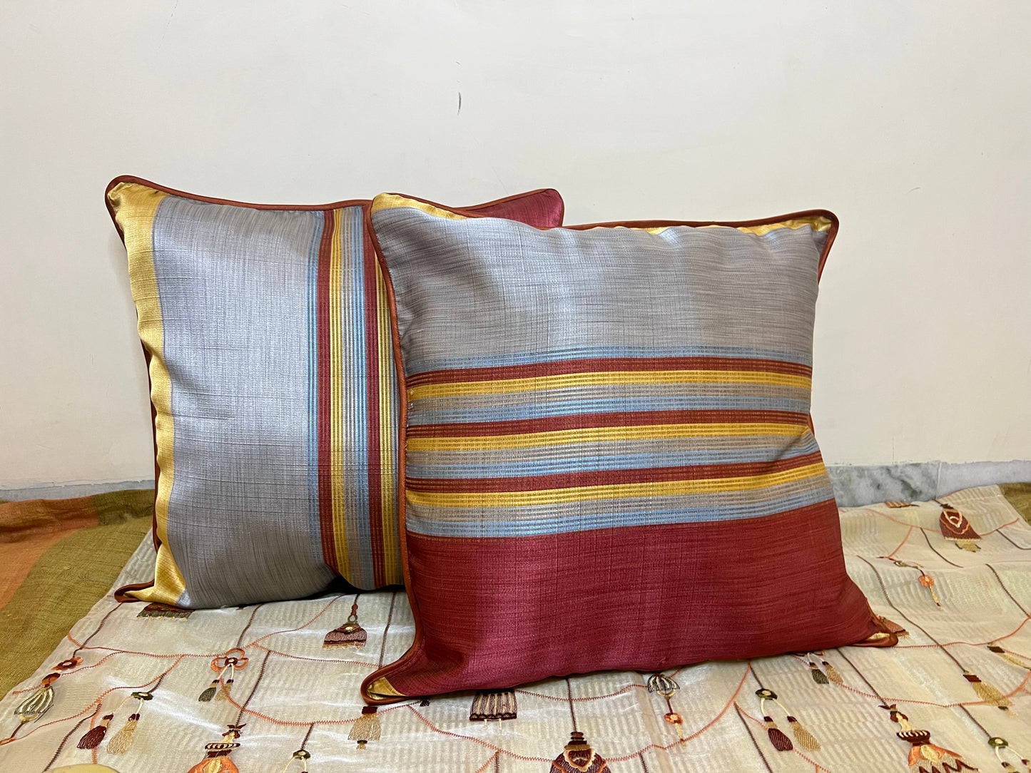 Stripes Cushion Cover Sets at Kamakhyaa by Aetherea. This item is Cushion covers, Home, Multi-coloured, Red, Satin, Stripes, Upcycled