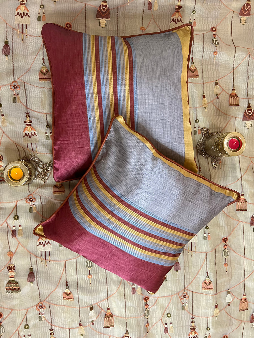 Stripes Cushion Cover Sets at Kamakhyaa by Aetherea. This item is Cushion covers, Home, Multi-coloured, Red, Satin, Stripes, Upcycled