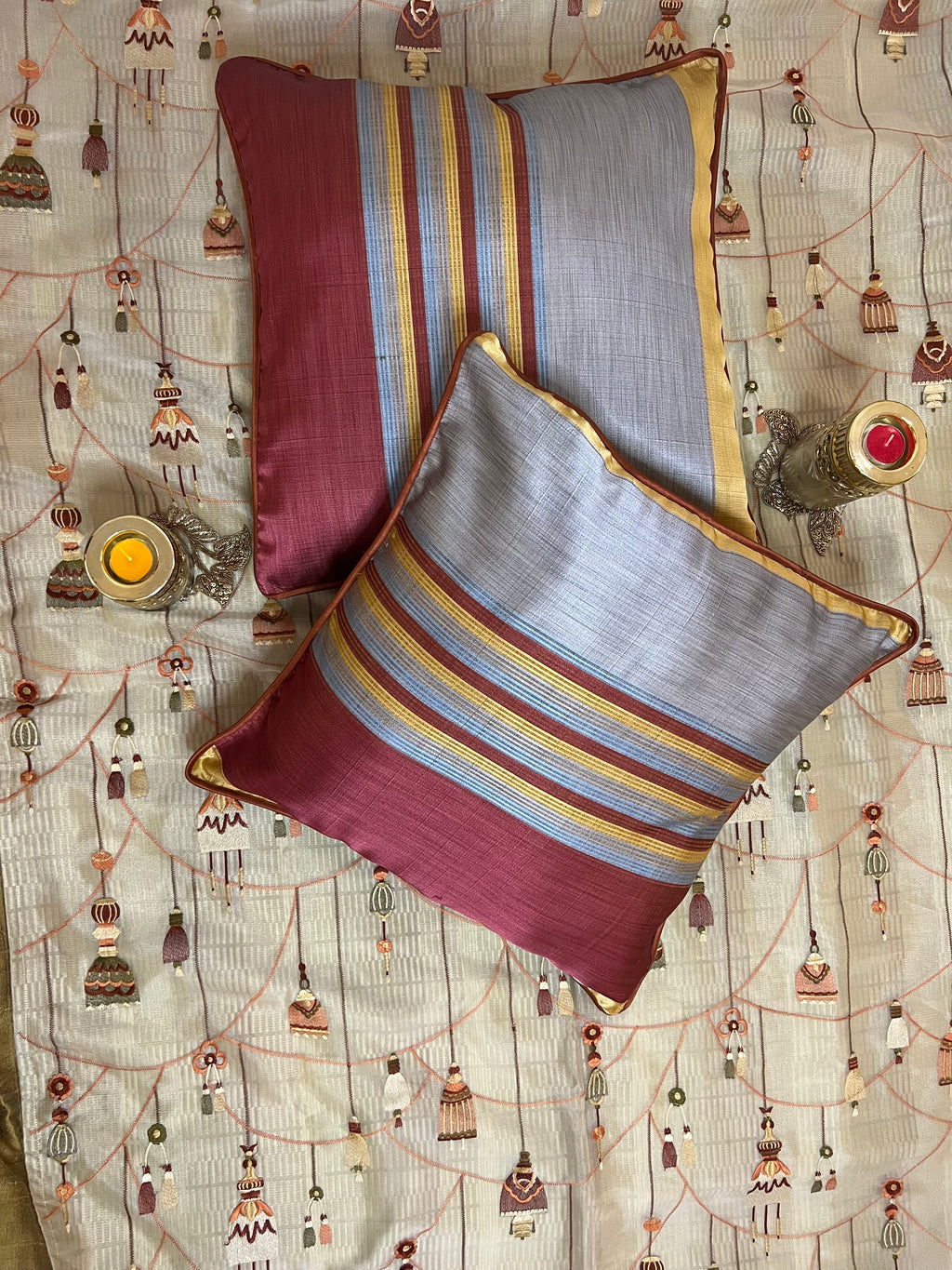 Stripes Cushion Cover Sets at Kamakhyaa by Aetherea. This item is Cushion covers, Home, Multi-coloured, Red, Satin, Stripes, Upcycled