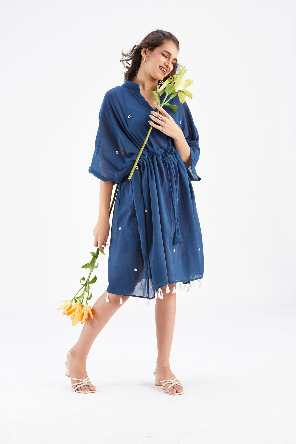 Summer Indigo Kaftan Cotton Dresss at Kamakhyaa by Hasttvam. This item is Cotton, Ete by Hasttvam, Floral Prints, Hand Printed, Indigo, Under $200, Wedding Wear, Womenswear