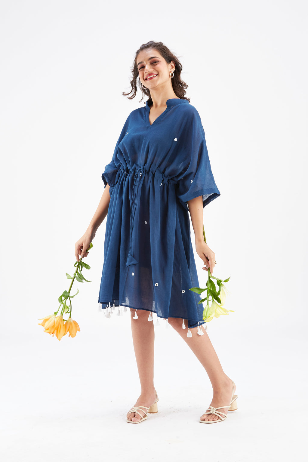Summer Indigo Kaftan Cotton Dresss at Kamakhyaa by Hasttvam. This item is Cotton, Ete by Hasttvam, Floral Prints, Hand Printed, Indigo, Under $200, Wedding Wear, Womenswear