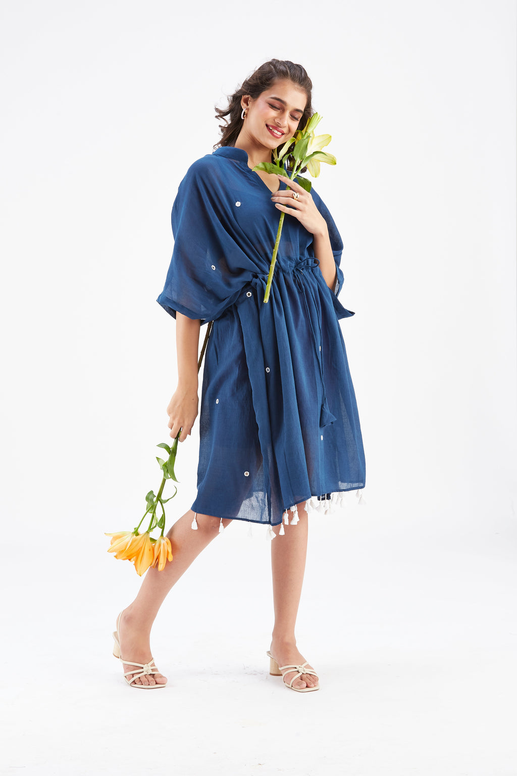 Summer Indigo Kaftan Cotton Dresss at Kamakhyaa by Hasttvam. This item is Cotton, Ete by Hasttvam, Floral Prints, Hand Printed, Indigo, Under $200, Wedding Wear, Womenswear