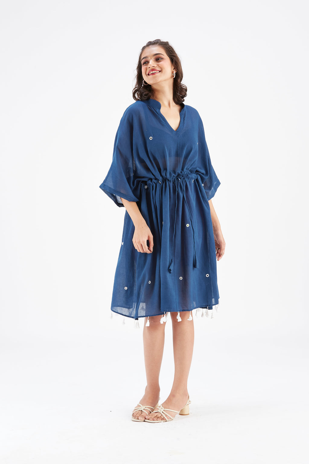 Summer Indigo Kaftan Cotton Dresss at Kamakhyaa by Hasttvam. This item is Cotton, Ete by Hasttvam, Floral Prints, Hand Printed, Indigo, Under $200, Wedding Wear, Womenswear