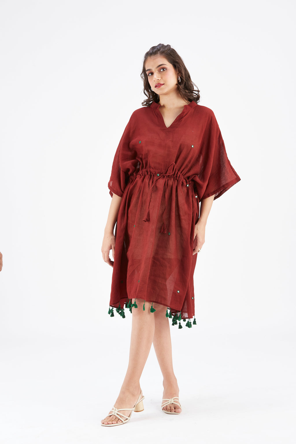 Summer Maroon Kaftan Cotton Dress at Kamakhyaa by Hasttvam. This item is Cotton, Ete by Hasttvam, Floral Prints, Hand Printed, Maroon, Under $200, Wedding Wear, Womenswear