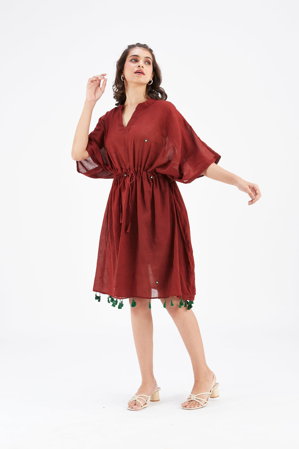 Summer Maroon Kaftan Cotton Dress at Kamakhyaa by Hasttvam. This item is Cotton, Ete by Hasttvam, Floral Prints, Hand Printed, Maroon, Under $200, Wedding Wear, Womenswear