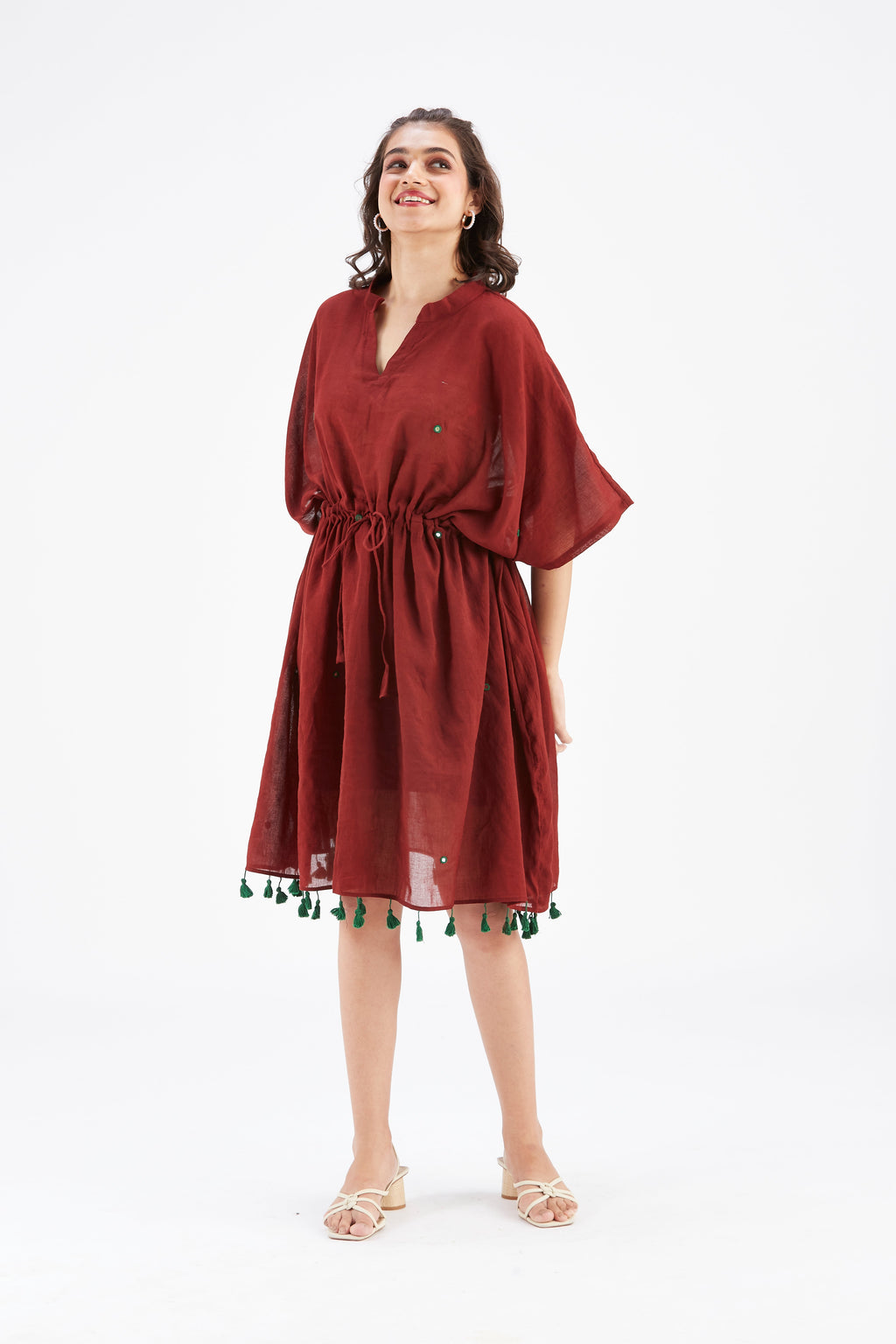 Summer Maroon Kaftan Cotton Dress at Kamakhyaa by Hasttvam. This item is Cotton, Ete by Hasttvam, Floral Prints, Hand Printed, Maroon, Under $200, Wedding Wear, Womenswear