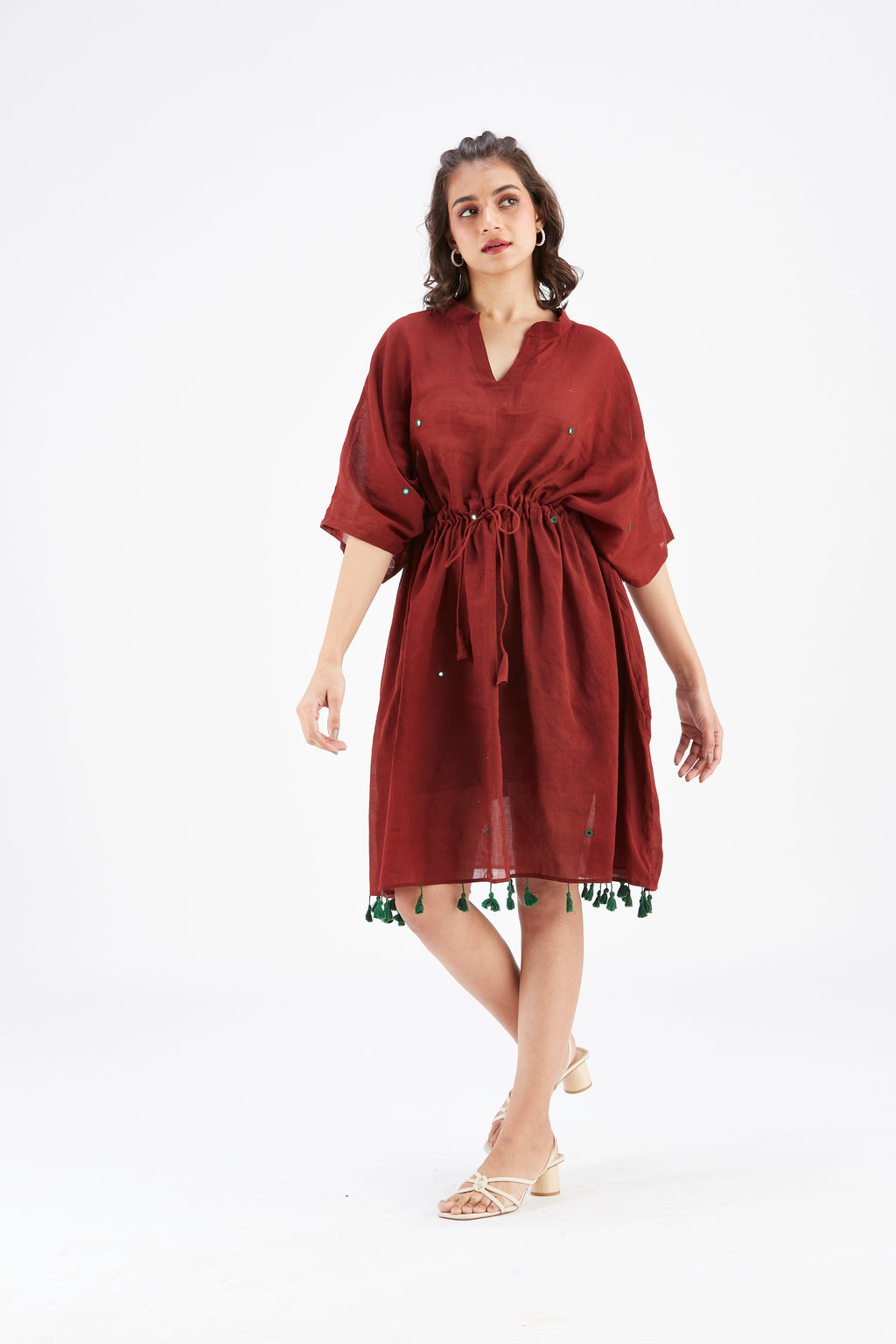 Summer Maroon Kaftan Cotton Dress at Kamakhyaa by Hasttvam. This item is Cotton, Ete by Hasttvam, Floral Prints, Hand Printed, Maroon, Under $200, Wedding Wear, Womenswear