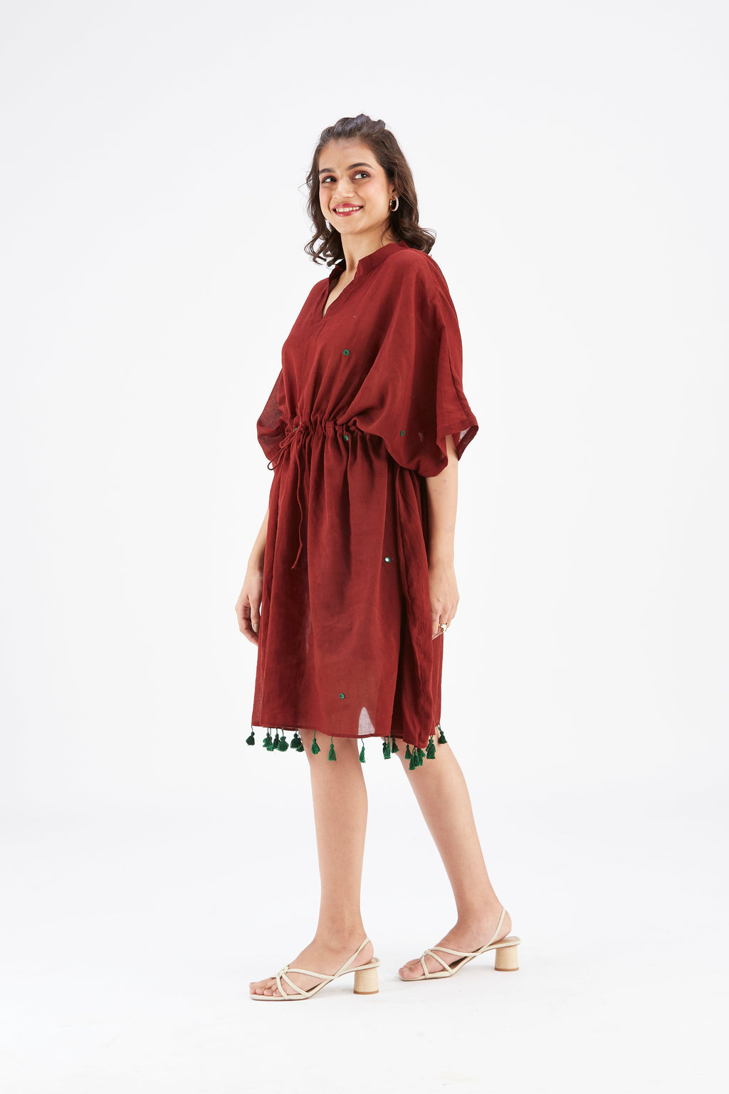 Summer Maroon Kaftan Cotton Dress at Kamakhyaa by Hasttvam. This item is Cotton, Ete by Hasttvam, Floral Prints, Hand Printed, Maroon, Under $200, Wedding Wear, Womenswear