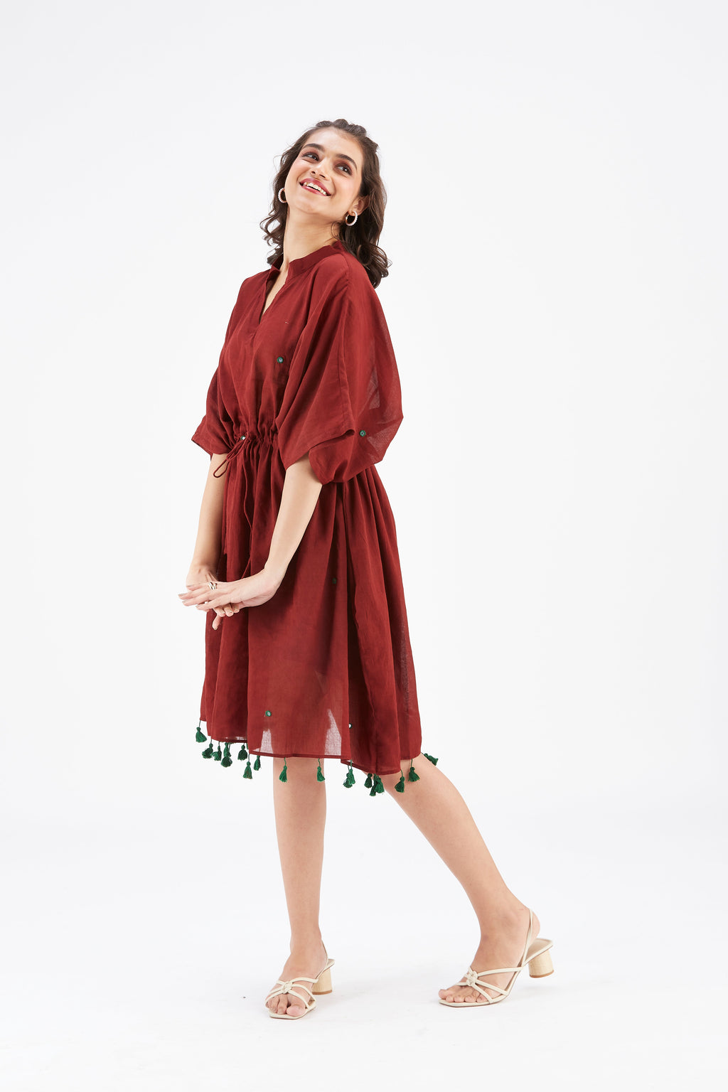 Summer Maroon Kaftan Cotton Dress at Kamakhyaa by Hasttvam. This item is Cotton, Ete by Hasttvam, Floral Prints, Hand Printed, Maroon, Under $200, Wedding Wear, Womenswear