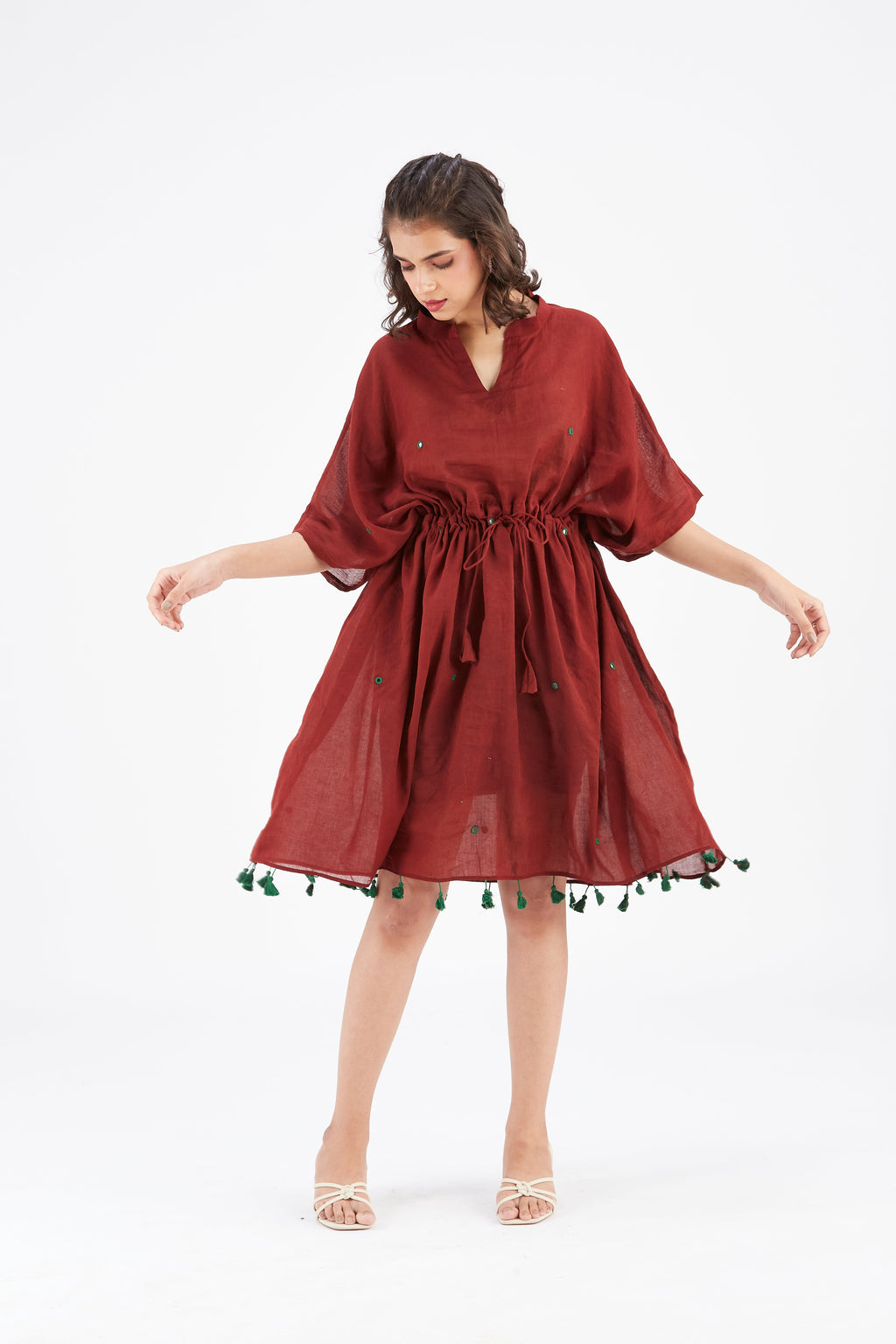 Summer Maroon Kaftan Cotton Dress at Kamakhyaa by Hasttvam. This item is Cotton, Ete by Hasttvam, Floral Prints, Hand Printed, Maroon, Under $200, Wedding Wear, Womenswear