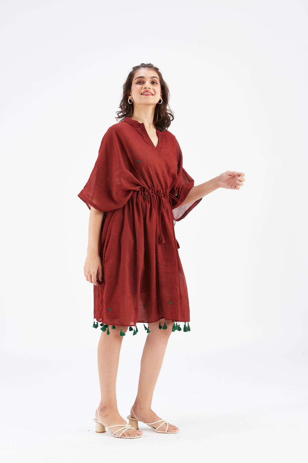 Summer Maroon Kaftan Cotton Dress at Kamakhyaa by Hasttvam. This item is Cotton, Ete by Hasttvam, Floral Prints, Hand Printed, Maroon, Under $200, Wedding Wear, Womenswear