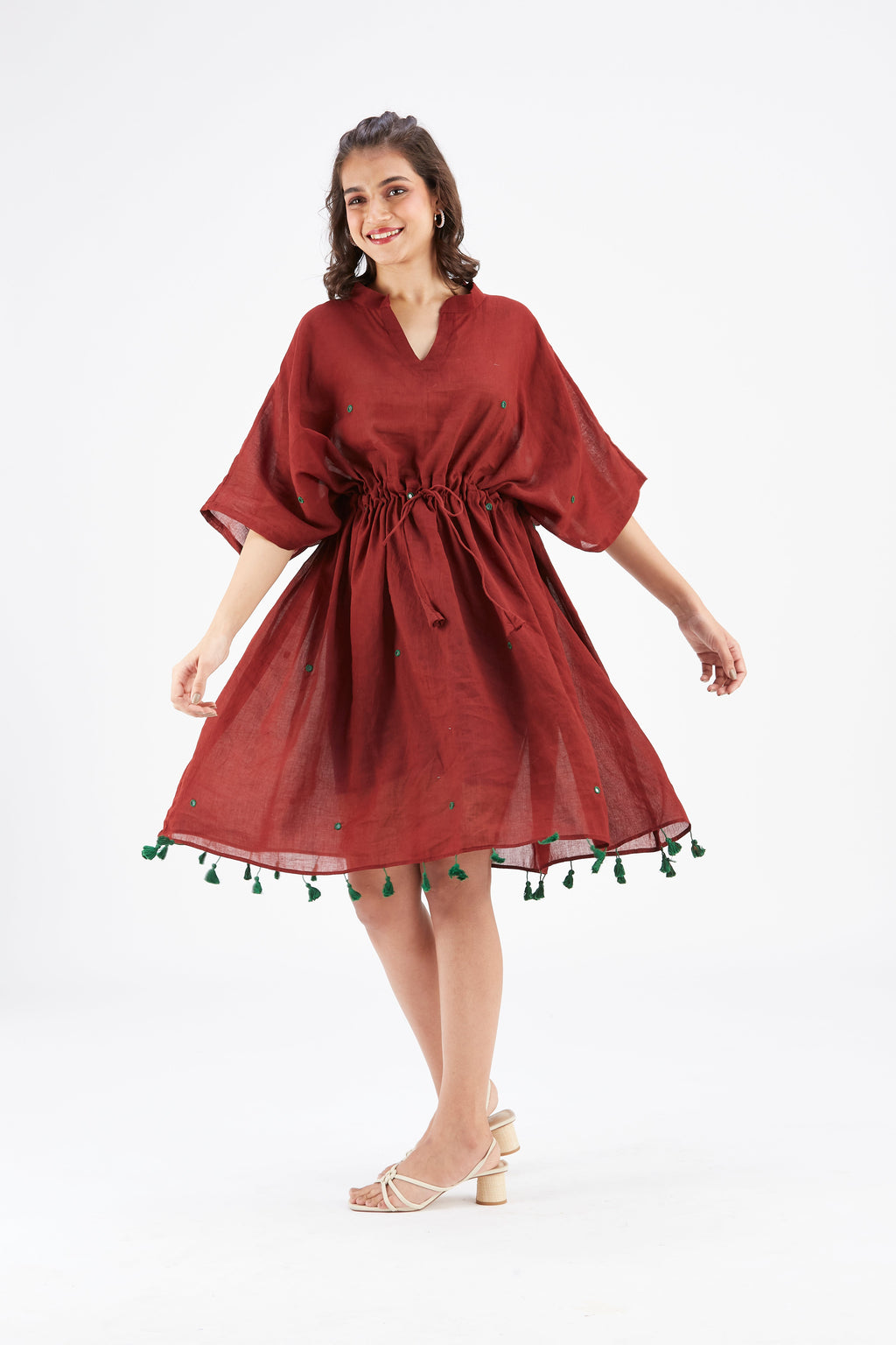 Summer Maroon Kaftan Cotton Dress at Kamakhyaa by Hasttvam. This item is Cotton, Ete by Hasttvam, Floral Prints, Hand Printed, Maroon, Under $200, Wedding Wear, Womenswear