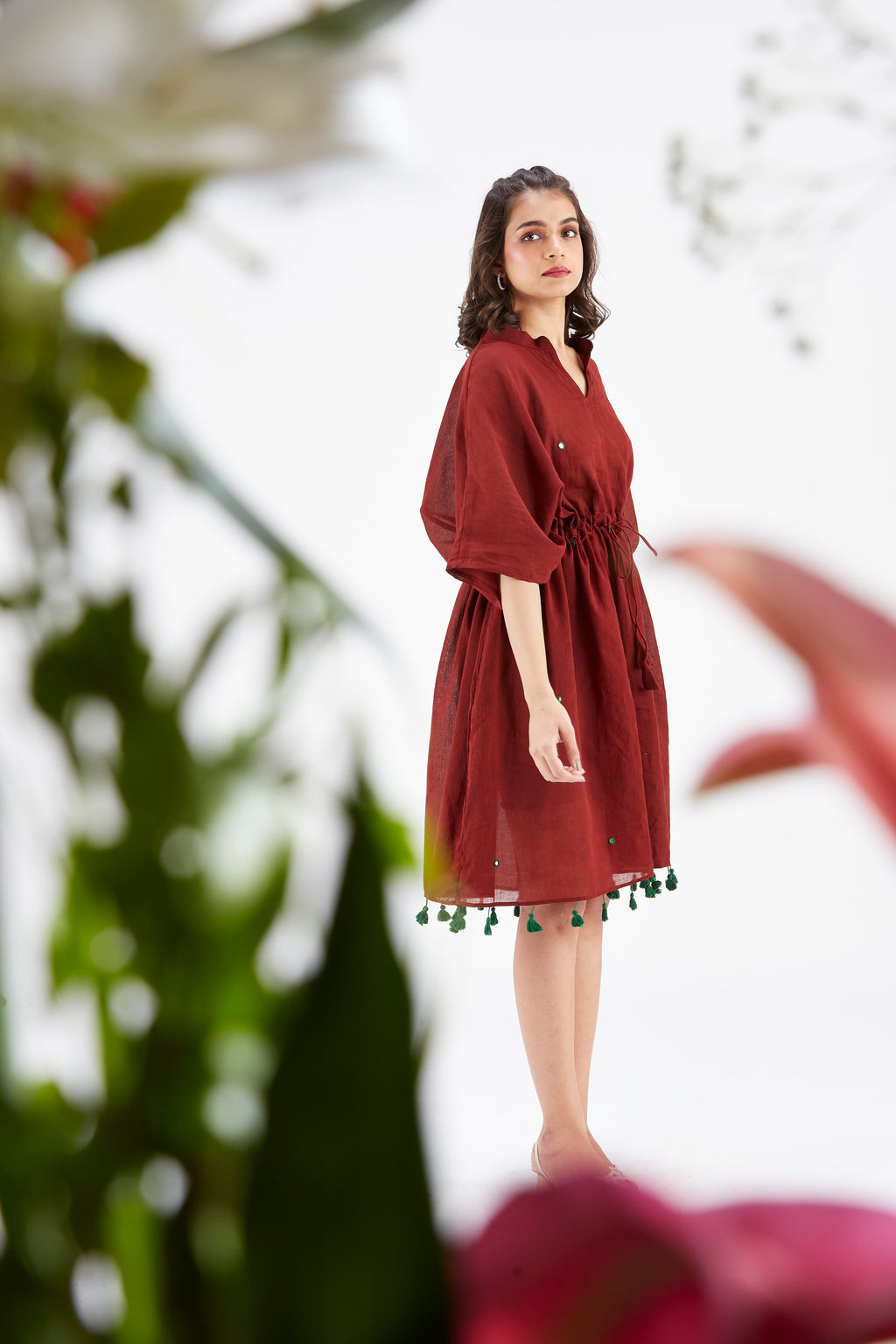 Summer Maroon Kaftan Cotton Dress at Kamakhyaa by Hasttvam. This item is Cotton, Ete by Hasttvam, Floral Prints, Hand Printed, Maroon, Under $200, Wedding Wear, Womenswear