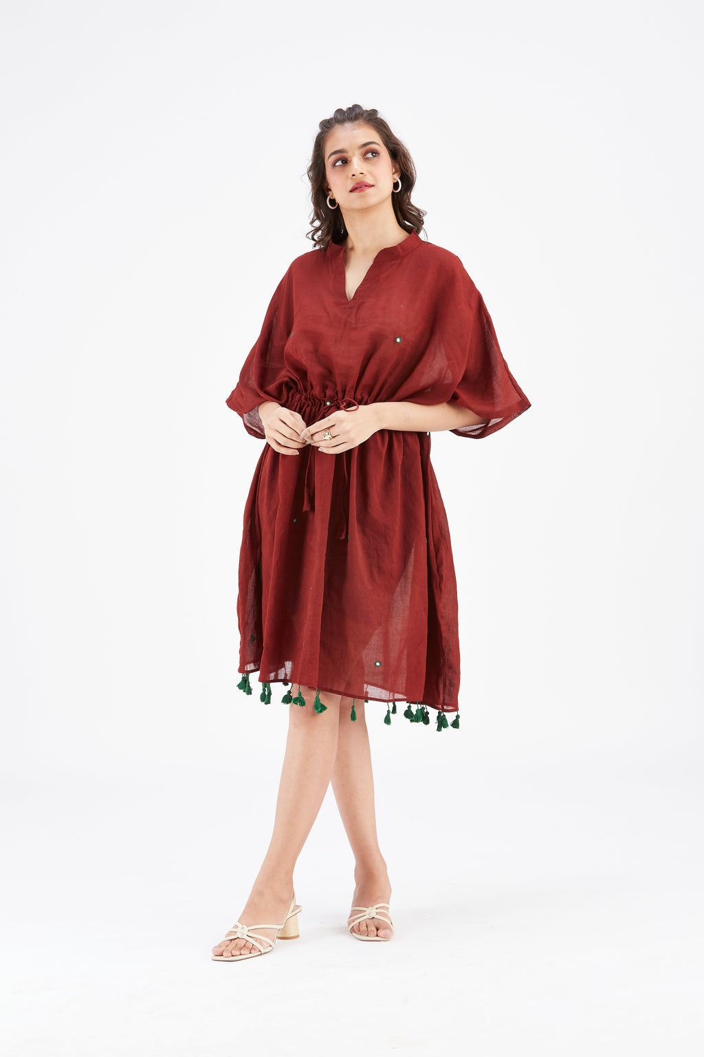 Summer Maroon Kaftan Cotton Dress at Kamakhyaa by Hasttvam. This item is Cotton, Ete by Hasttvam, Floral Prints, Hand Printed, Maroon, Under $200, Wedding Wear, Womenswear
